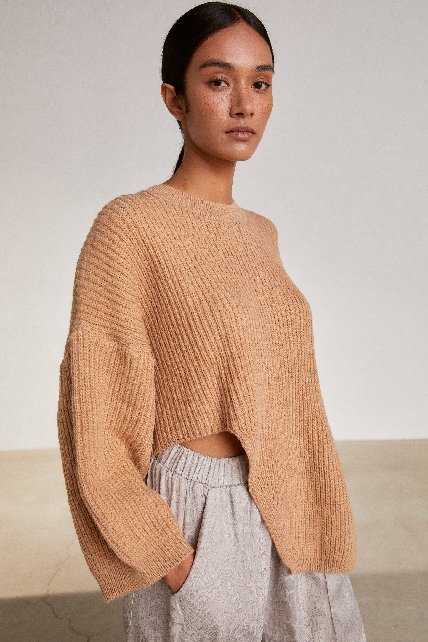High Low Sculpted Sweater, Orange Beige