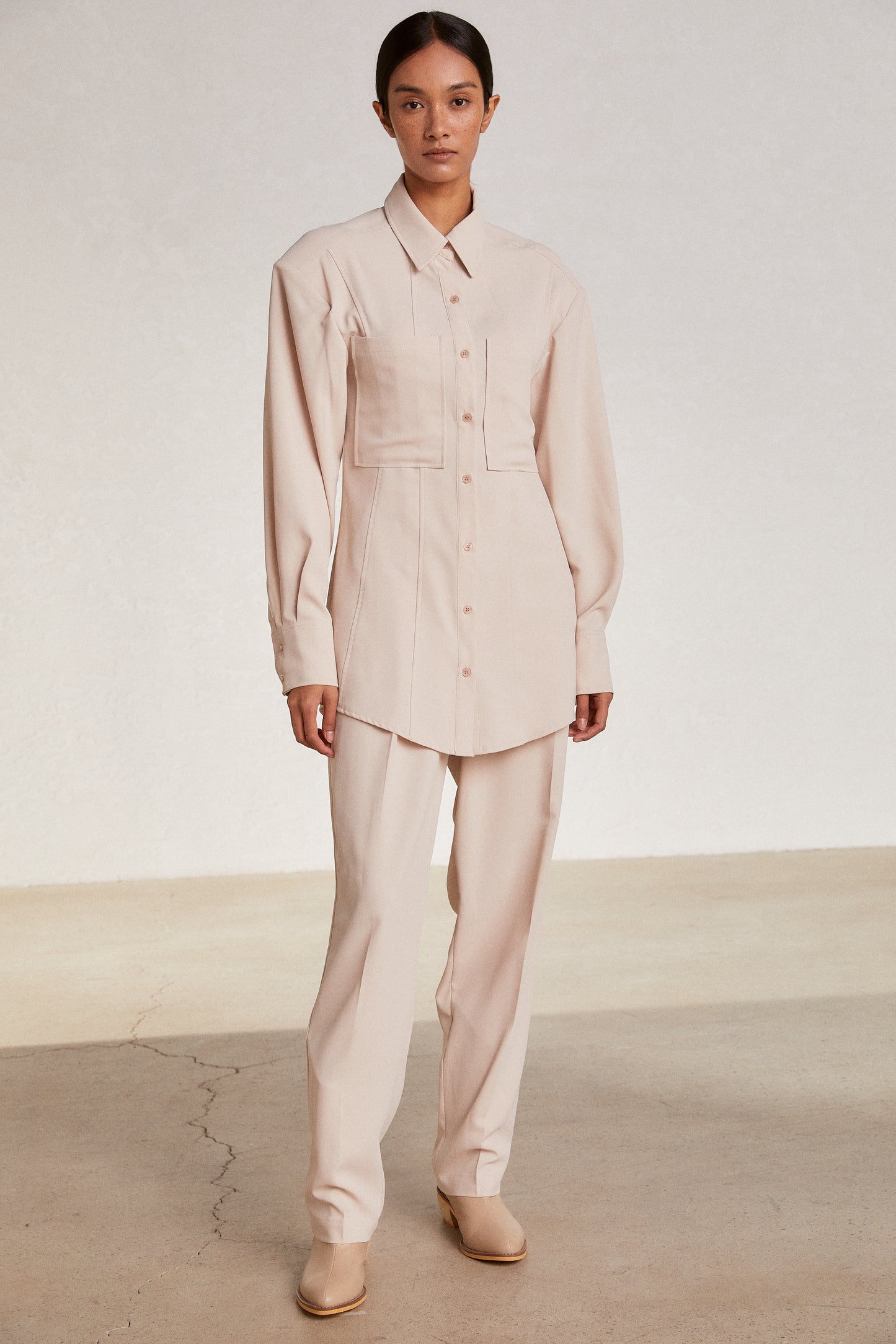 Padded Shoulder Oversized Shirt & Tapered Pant Set, Sand Beige