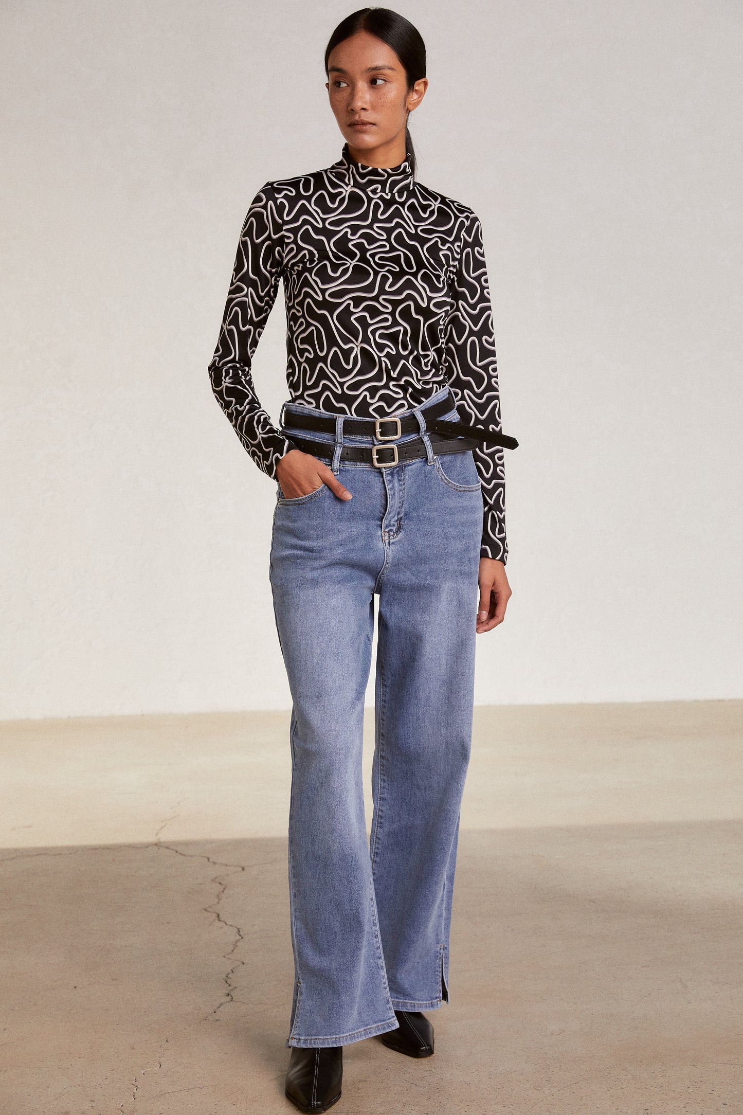 Abstract Print Stretch-Jersey Turtleneck Top, Black