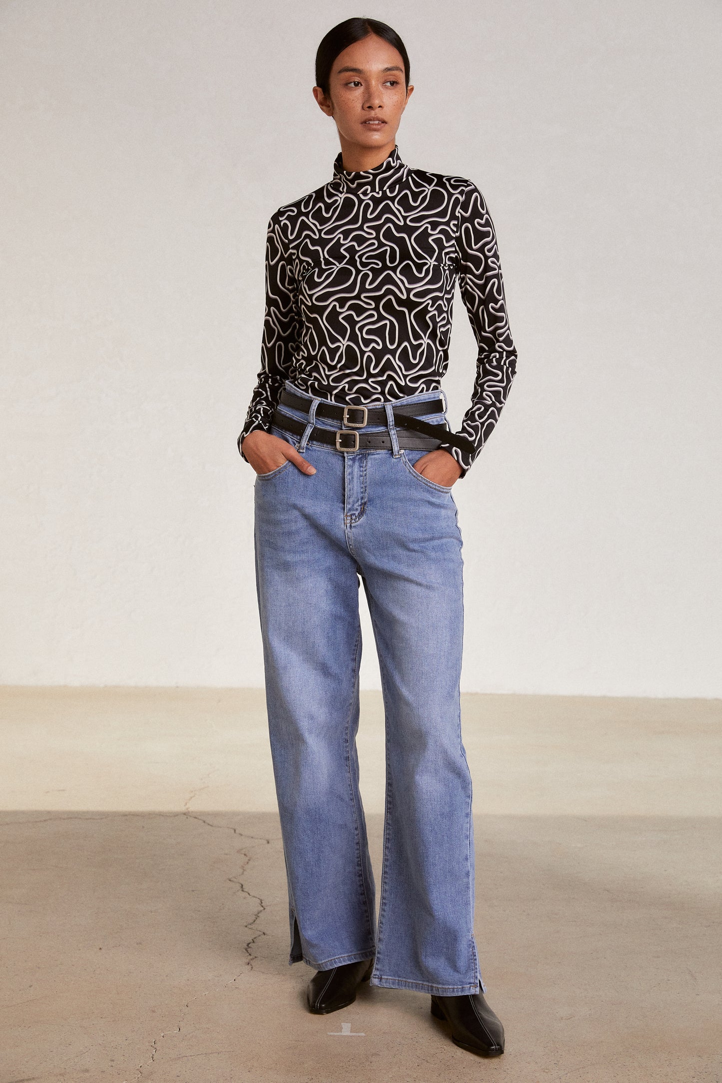 Abstract Print Stretch-Jersey Turtleneck Top, Black