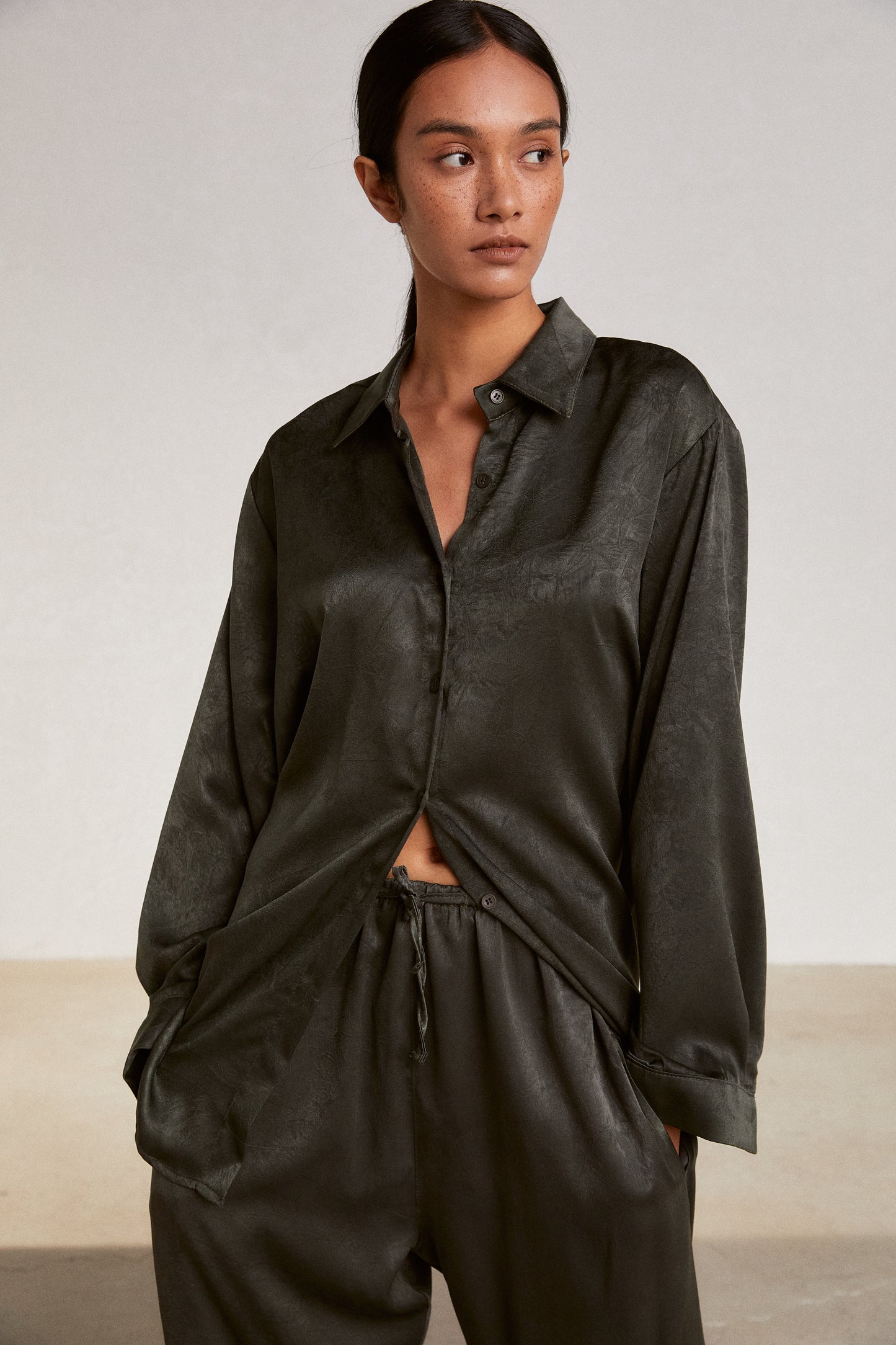 Satin-Effect Tie Back Shirt, Dark Green