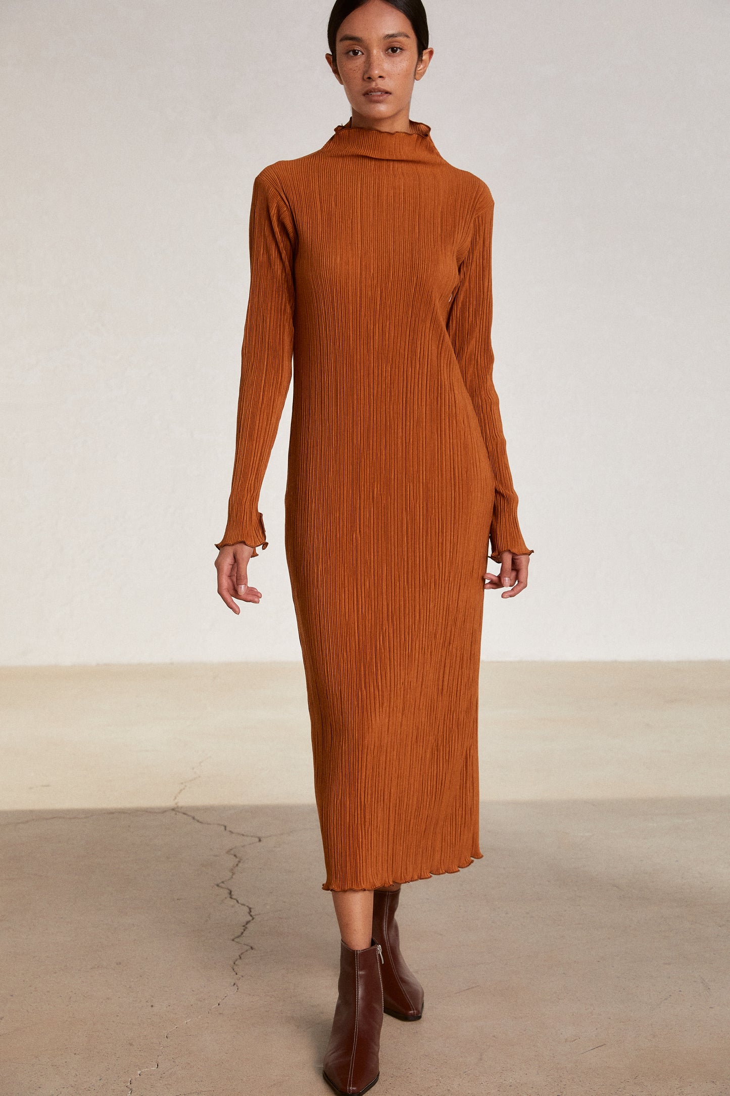 Pleated Turtleneck Dress, Dark Orange