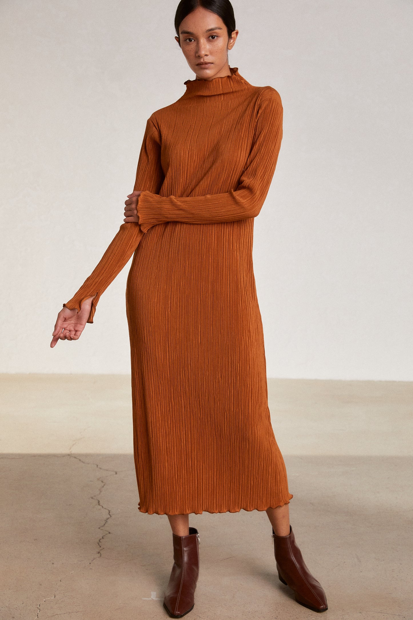 Pleated Turtleneck Dress, Dark Orange