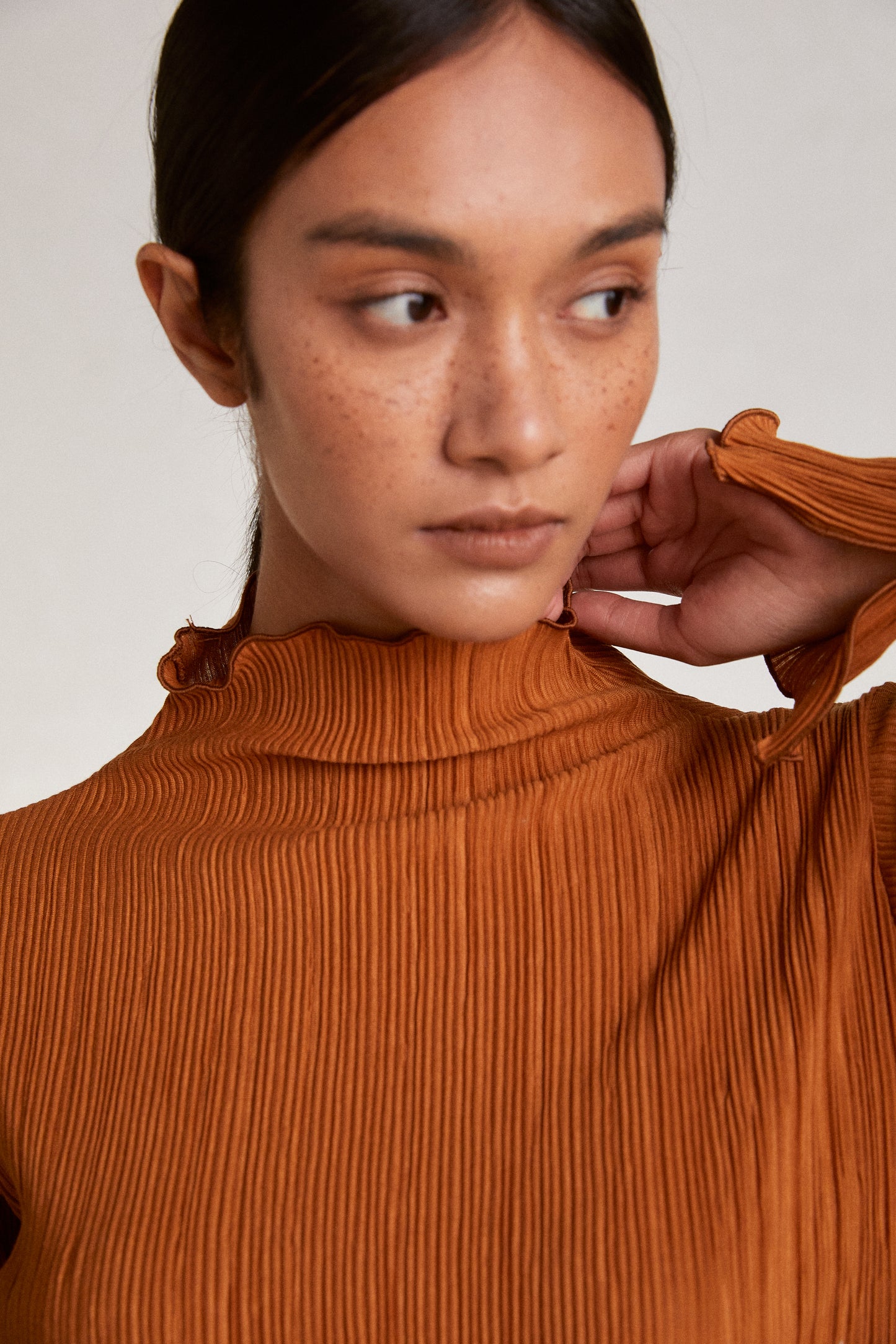 Pleated Turtleneck Dress, Dark Orange