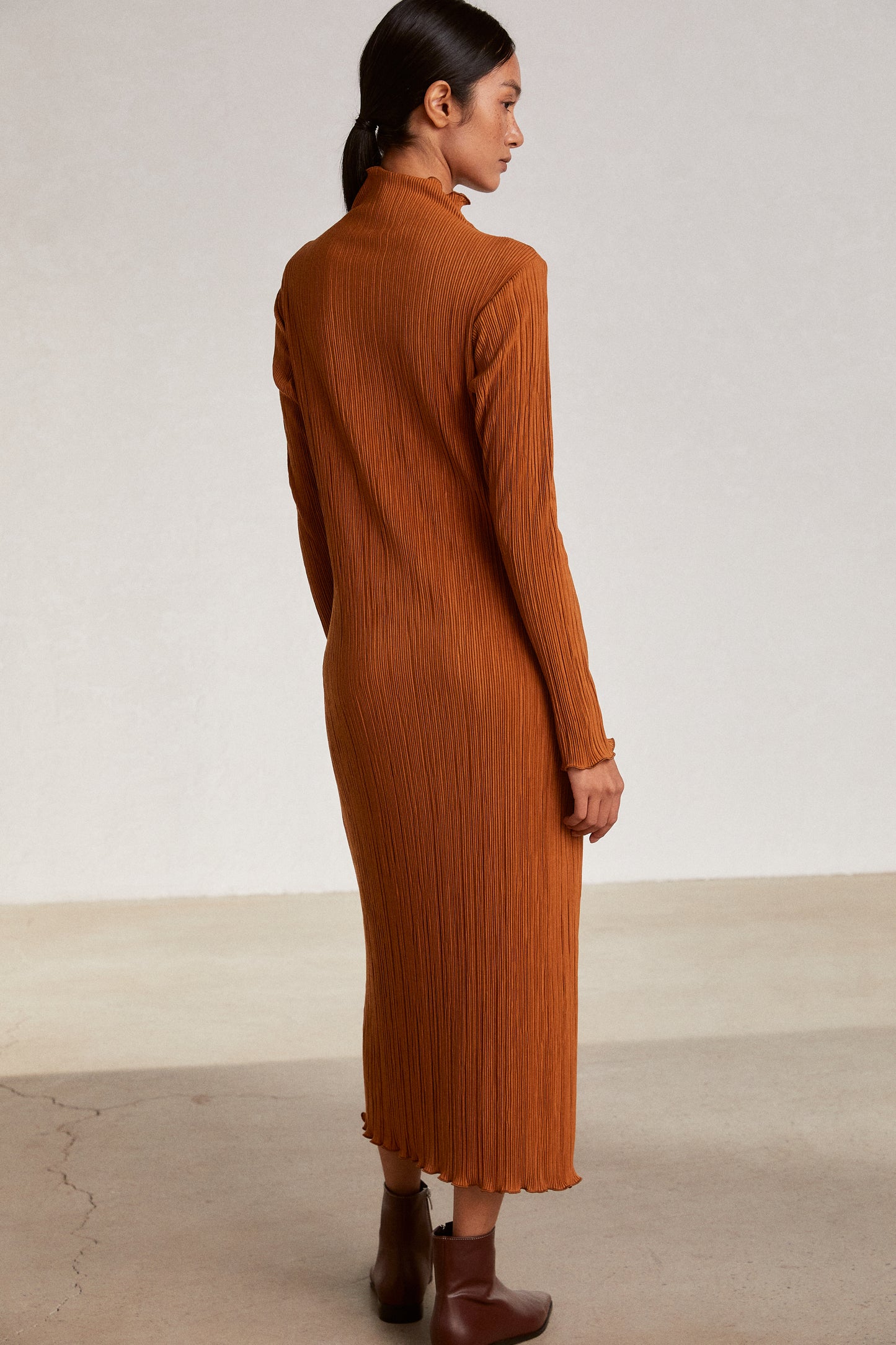 Pleated Turtleneck Dress, Dark Orange