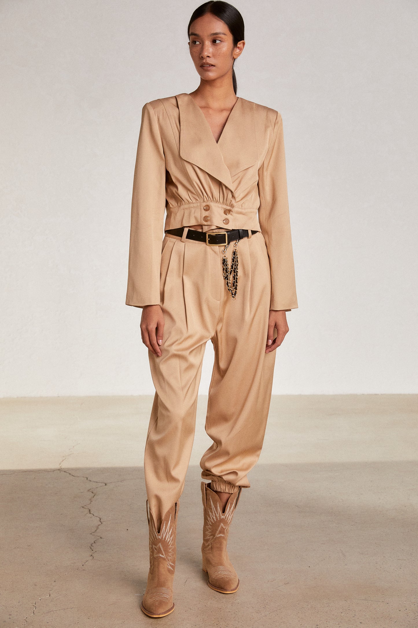 Wide Collar Cropped Jacket, Camel Beige