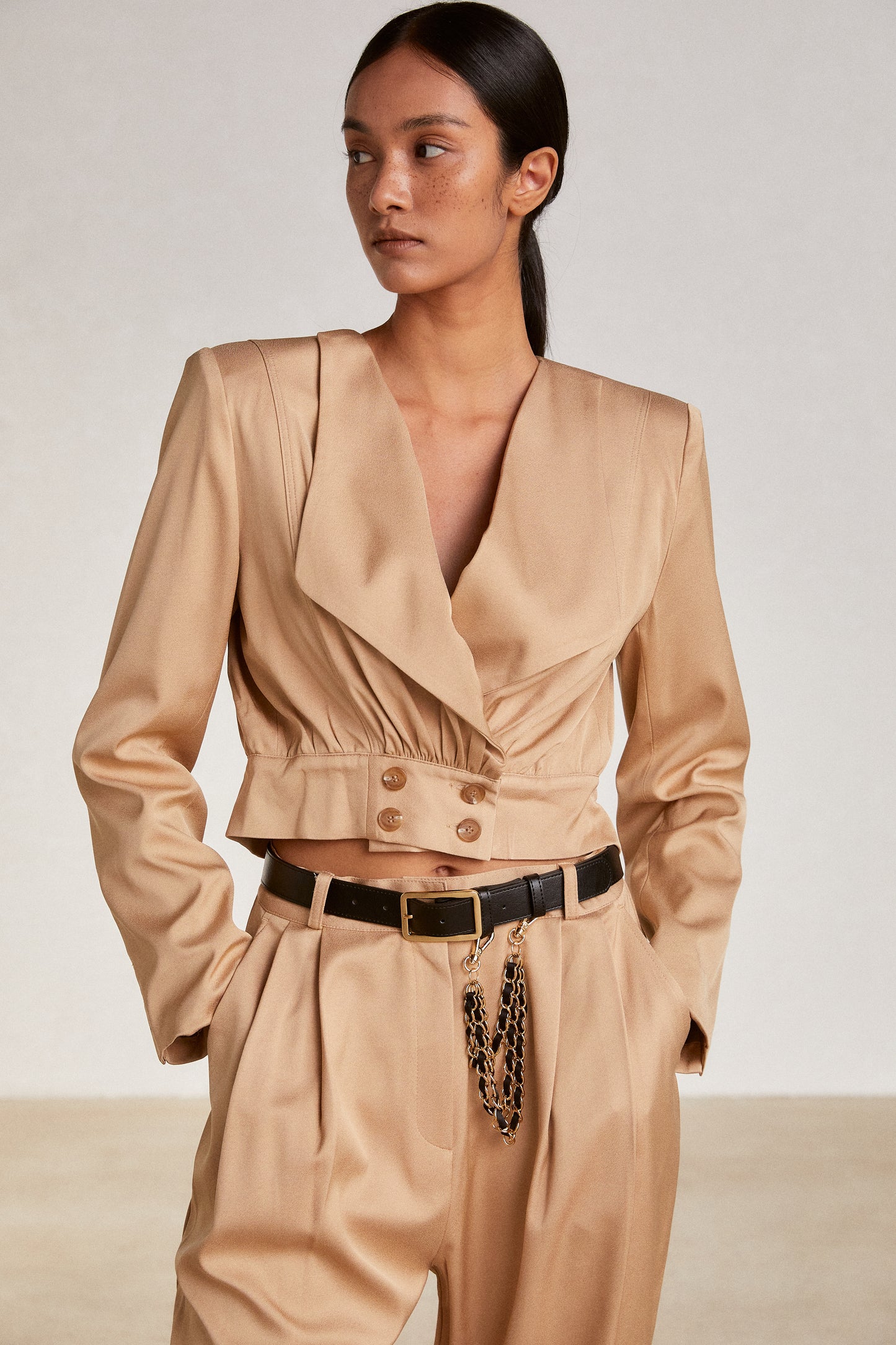 Wide Collar Cropped Jacket, Camel Beige
