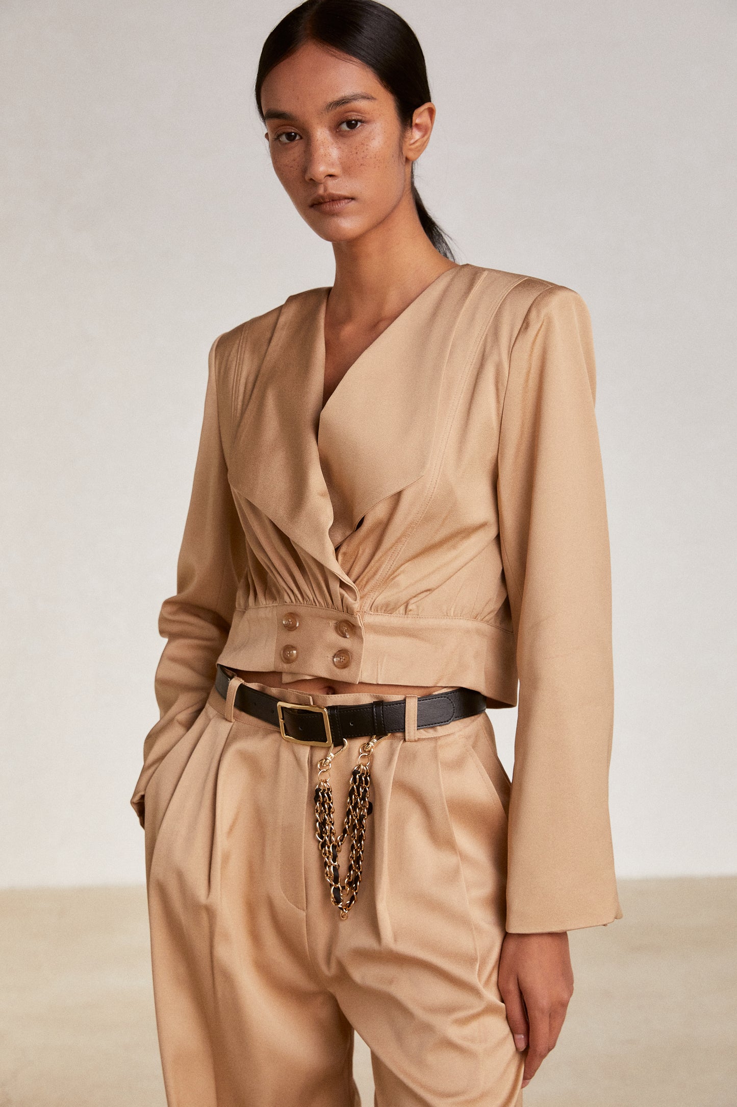 Wide Collar Cropped Jacket, Camel Beige
