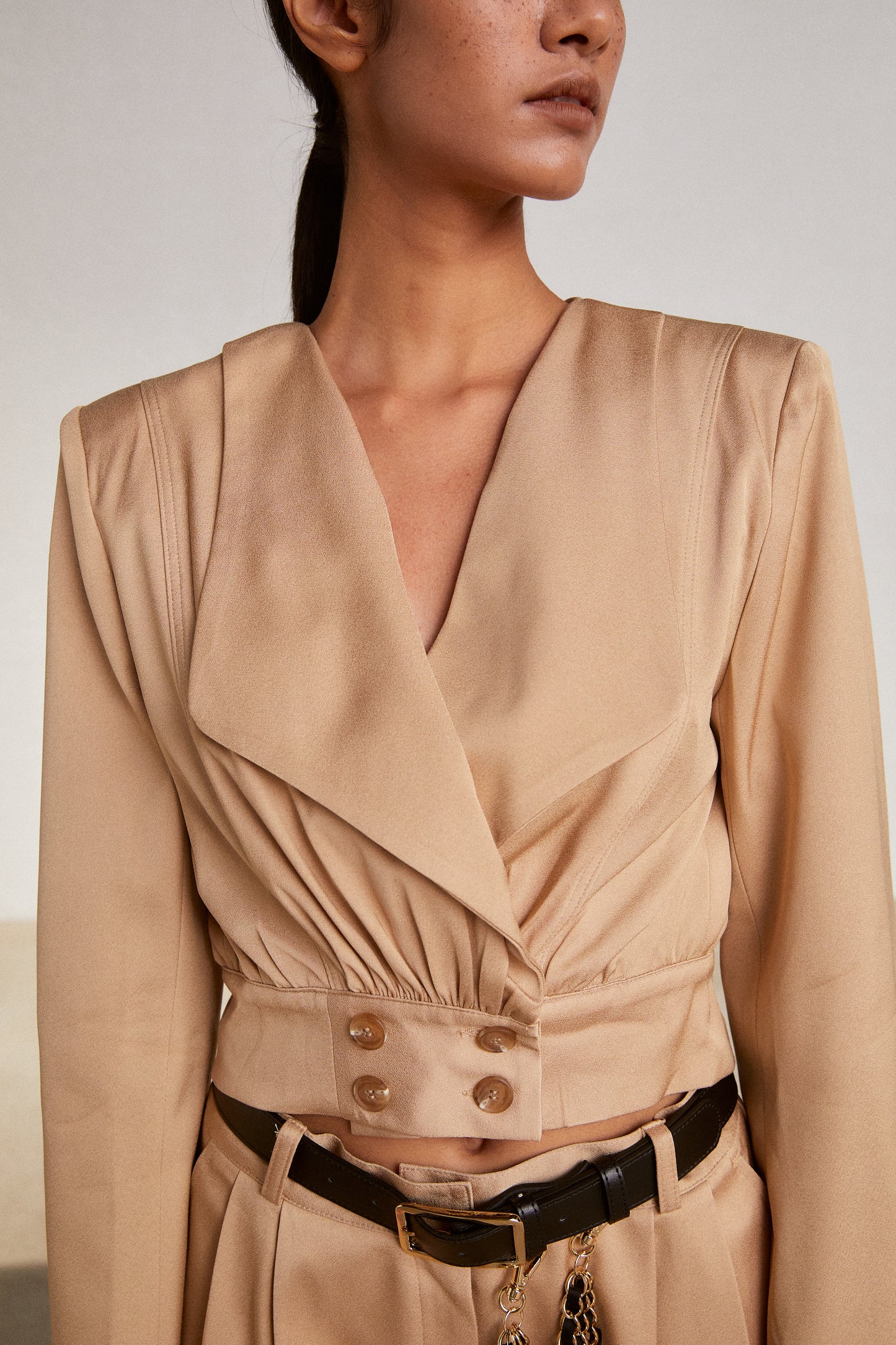 Wide Collar Cropped Jacket, Camel Beige