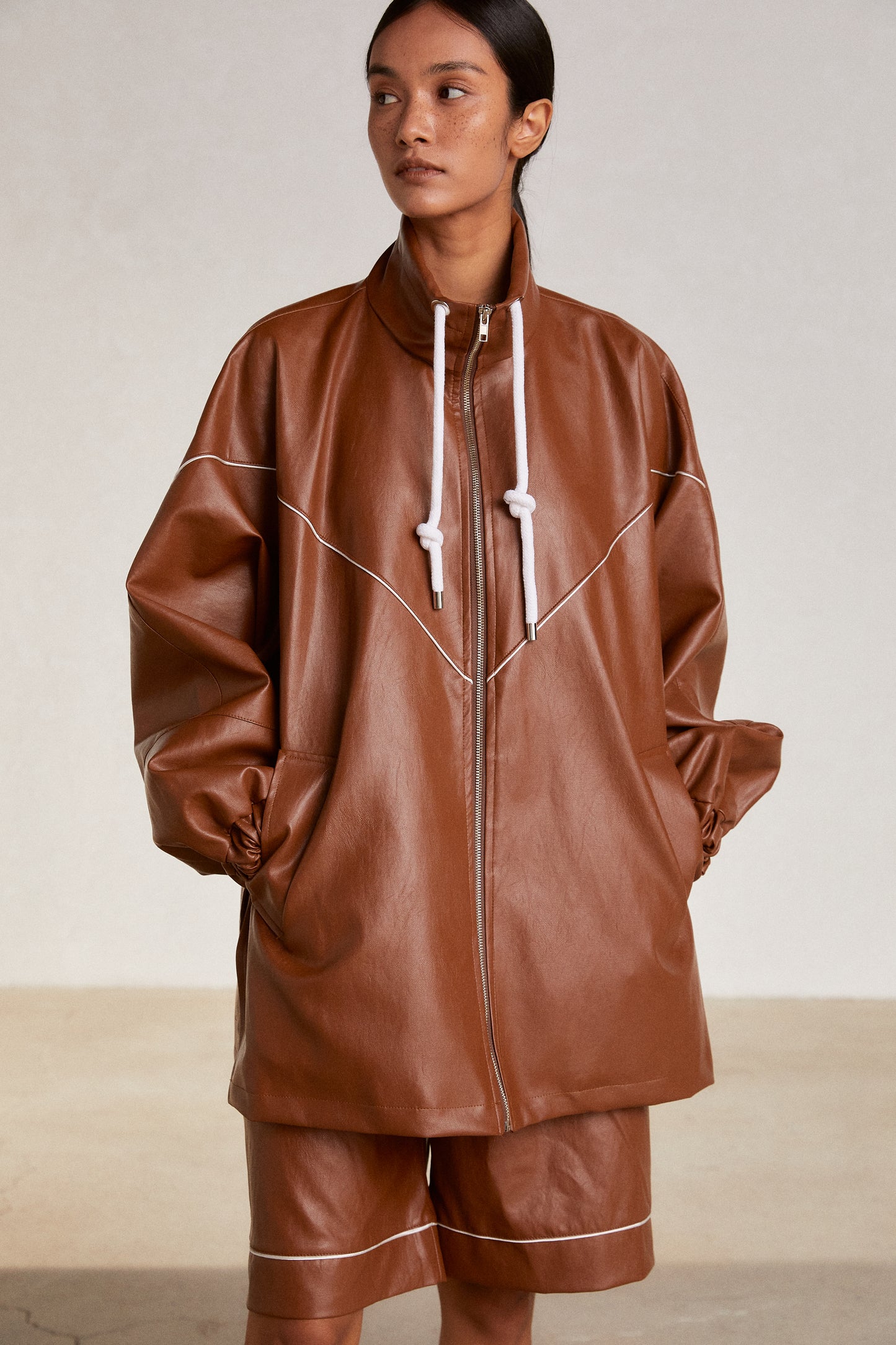 Oversized Leather Parka, Cinnamon