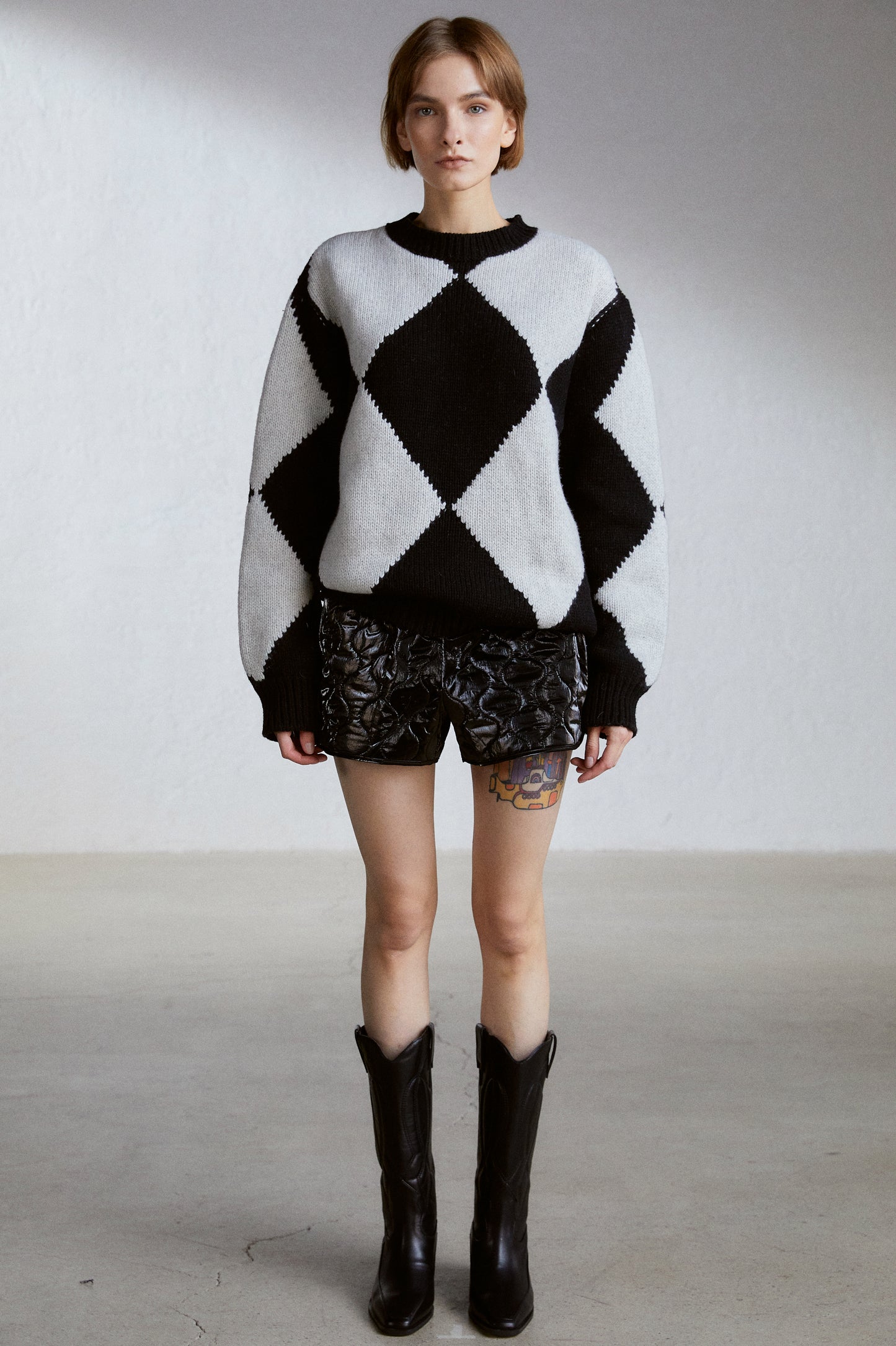 Argyle Pattern Knit Sweater, Grey & Black