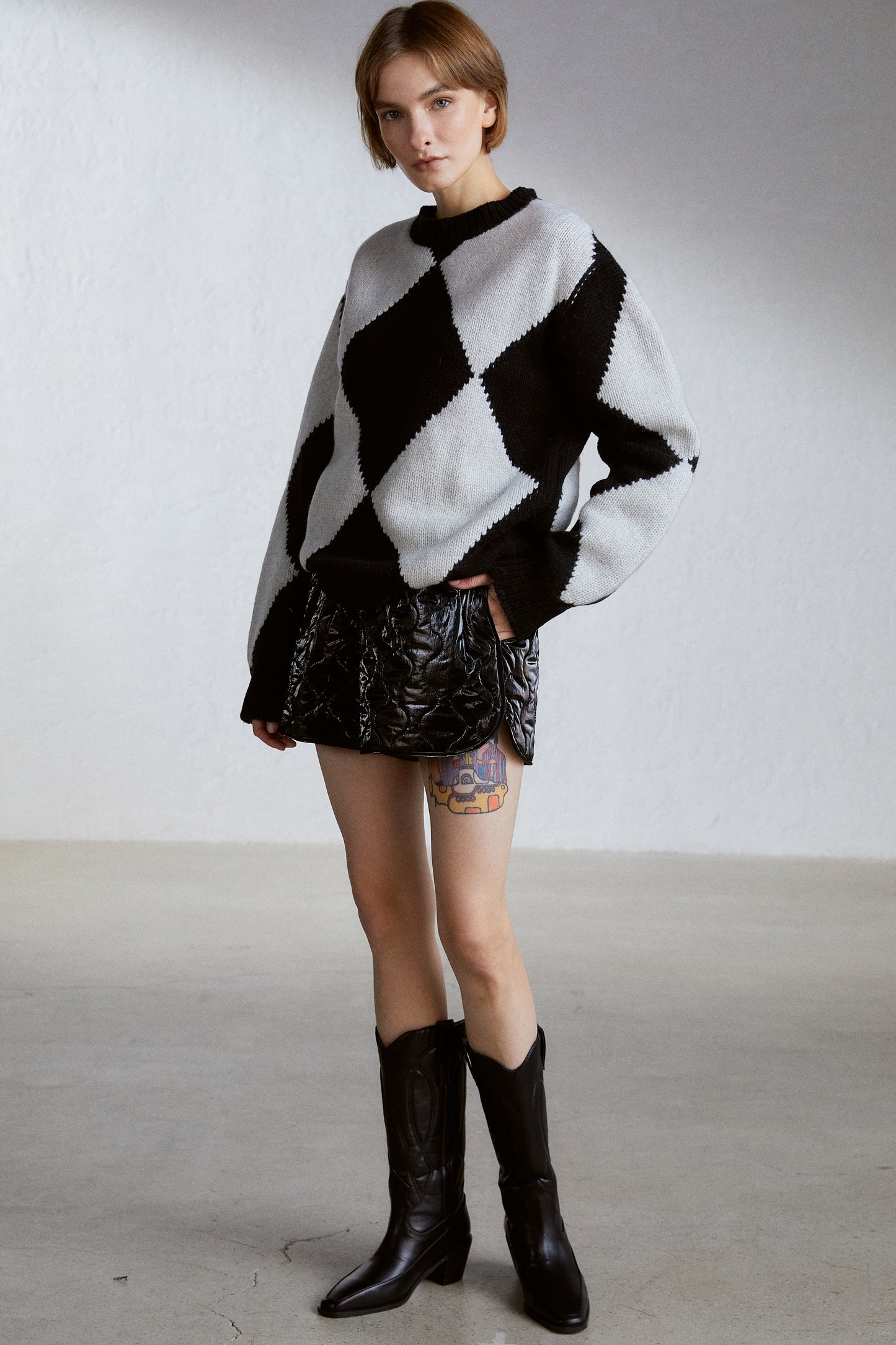 Argyle Pattern Knit Sweater, Grey & Black