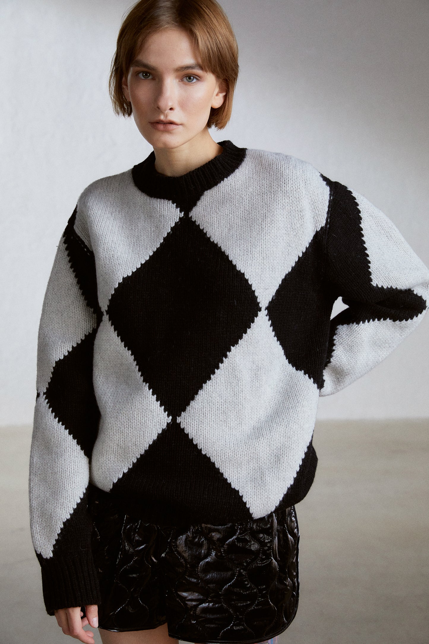 Argyle Pattern Knit Sweater, Grey & Black