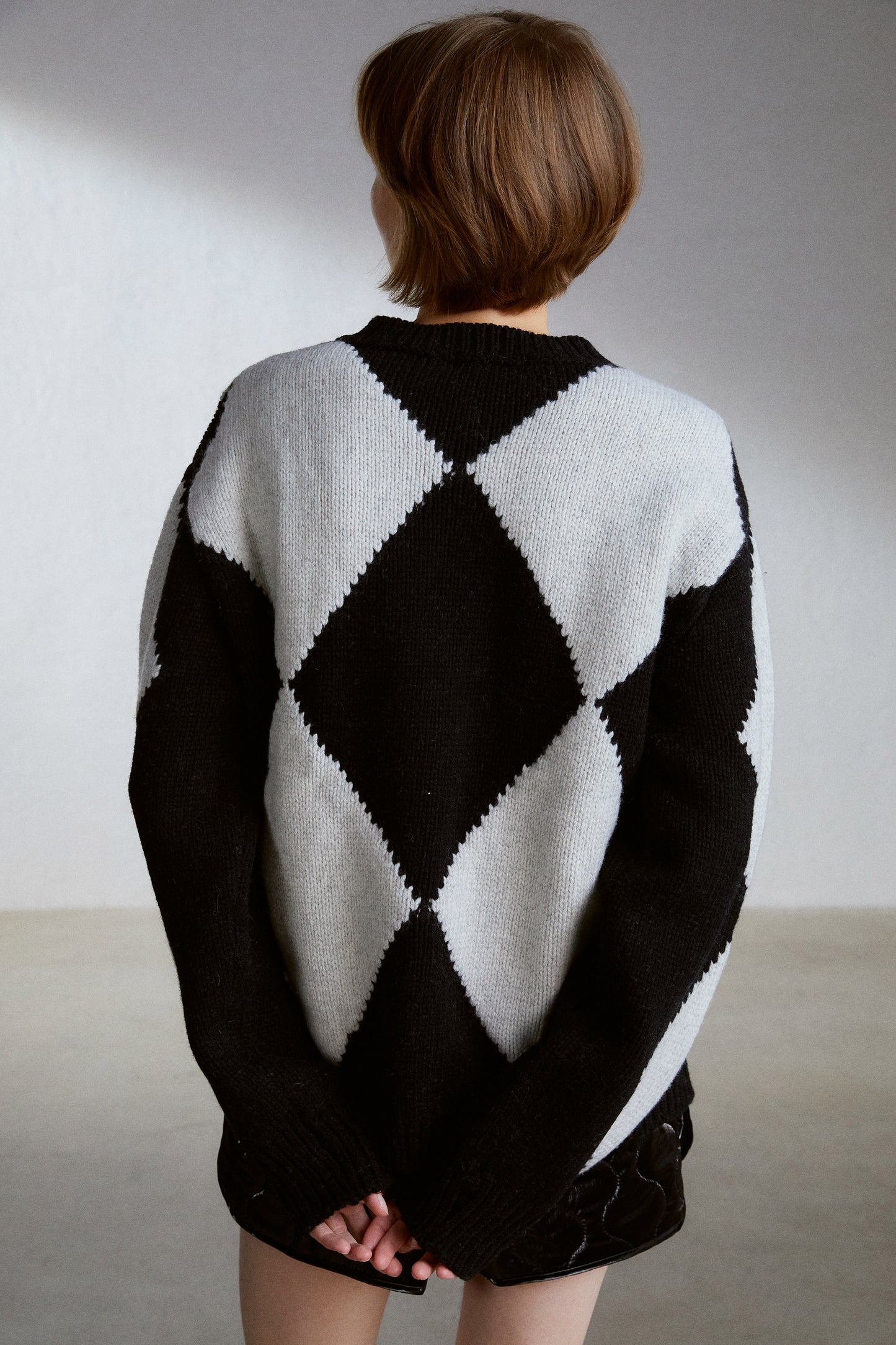 Argyle Pattern Knit Sweater, Grey & Black