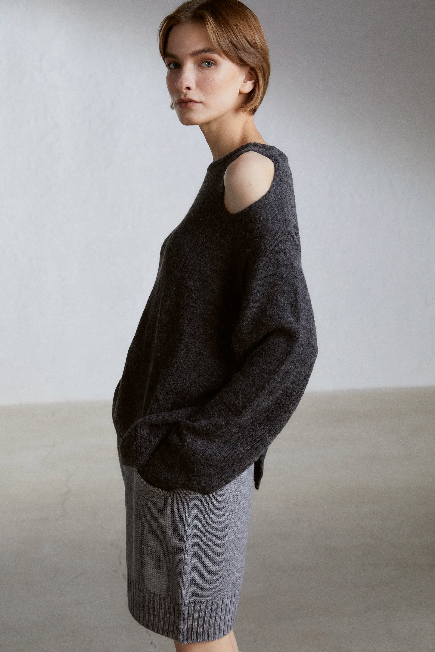 Cut-Out Knit Alpaca-Blend Sweater, Charcoal