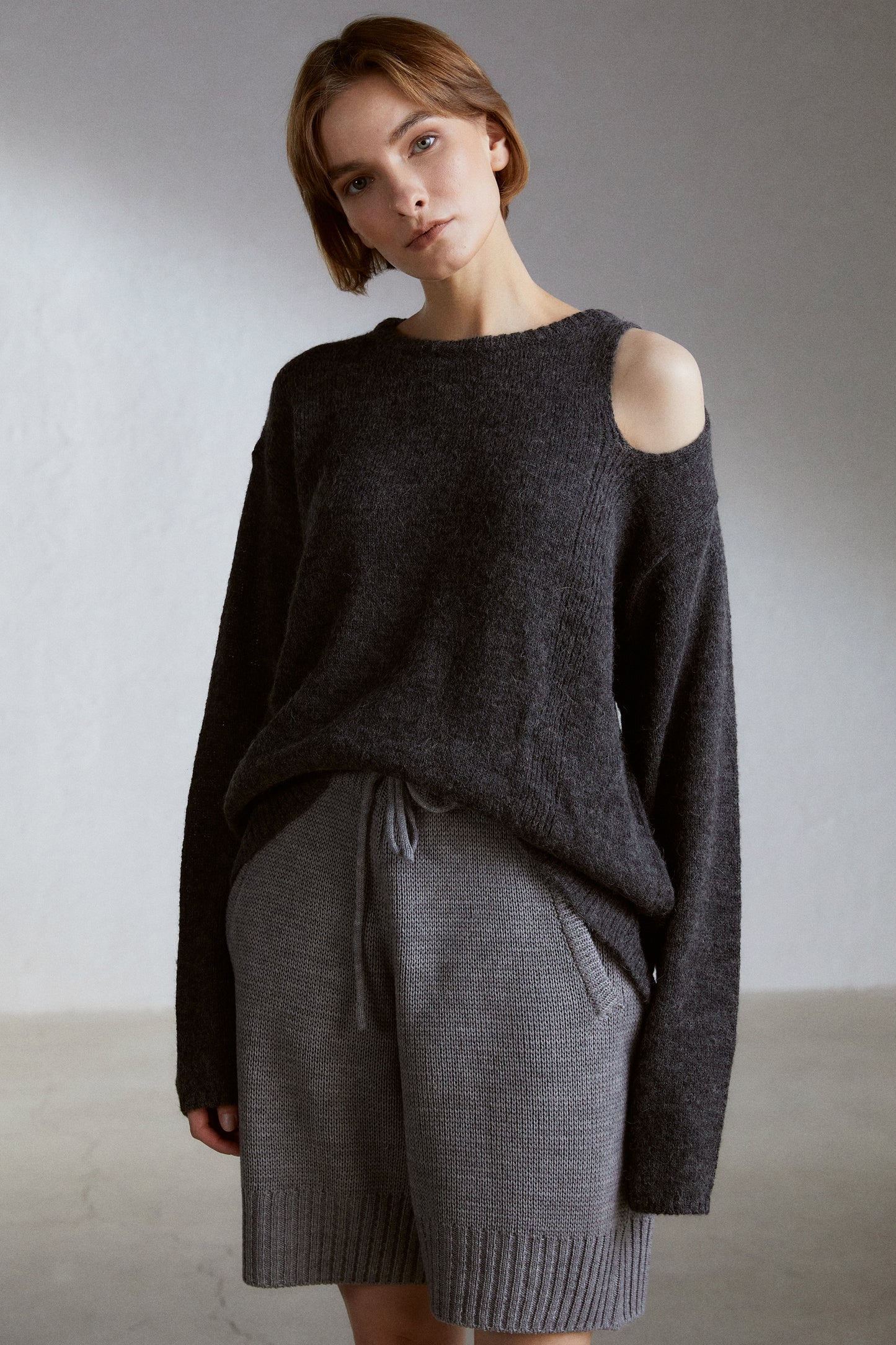 Cut-Out Knit Alpaca-Blend Sweater, Charcoal
