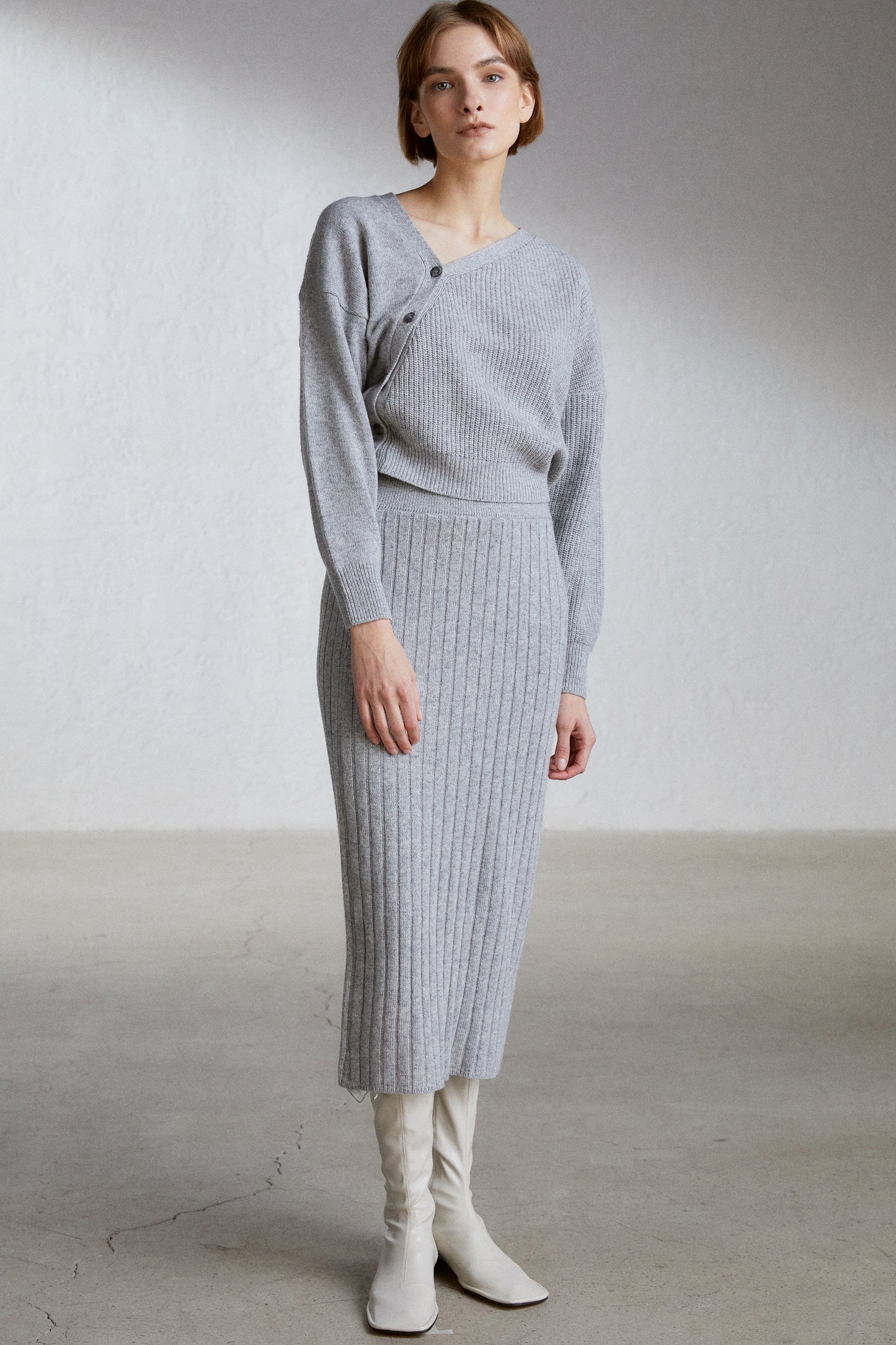 Tilted Button Cardigan And Midi Knit Skirt Set, Melange Grey