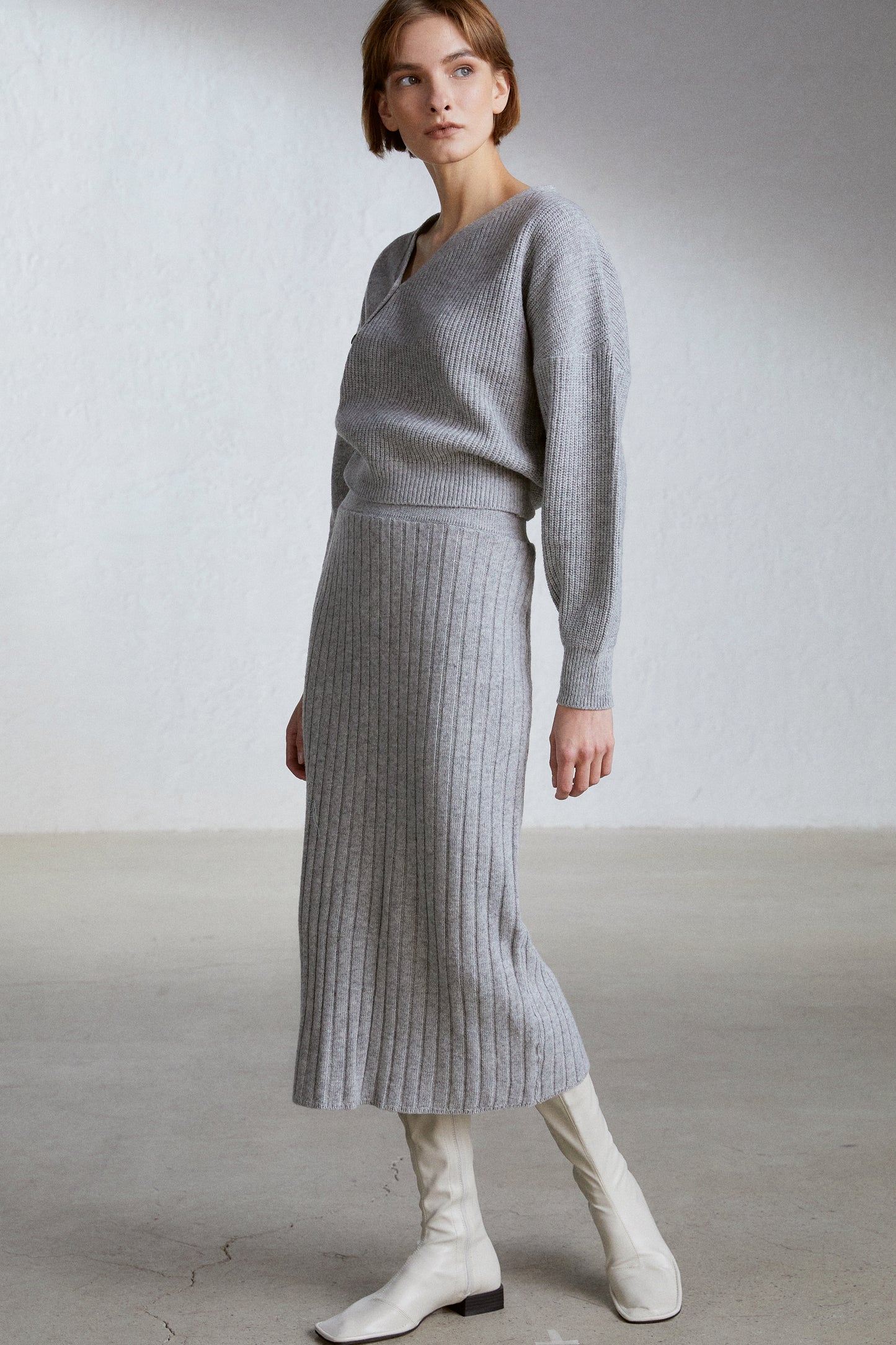 Tilted Button Cardigan And Midi Knit Skirt Set, Melange Grey