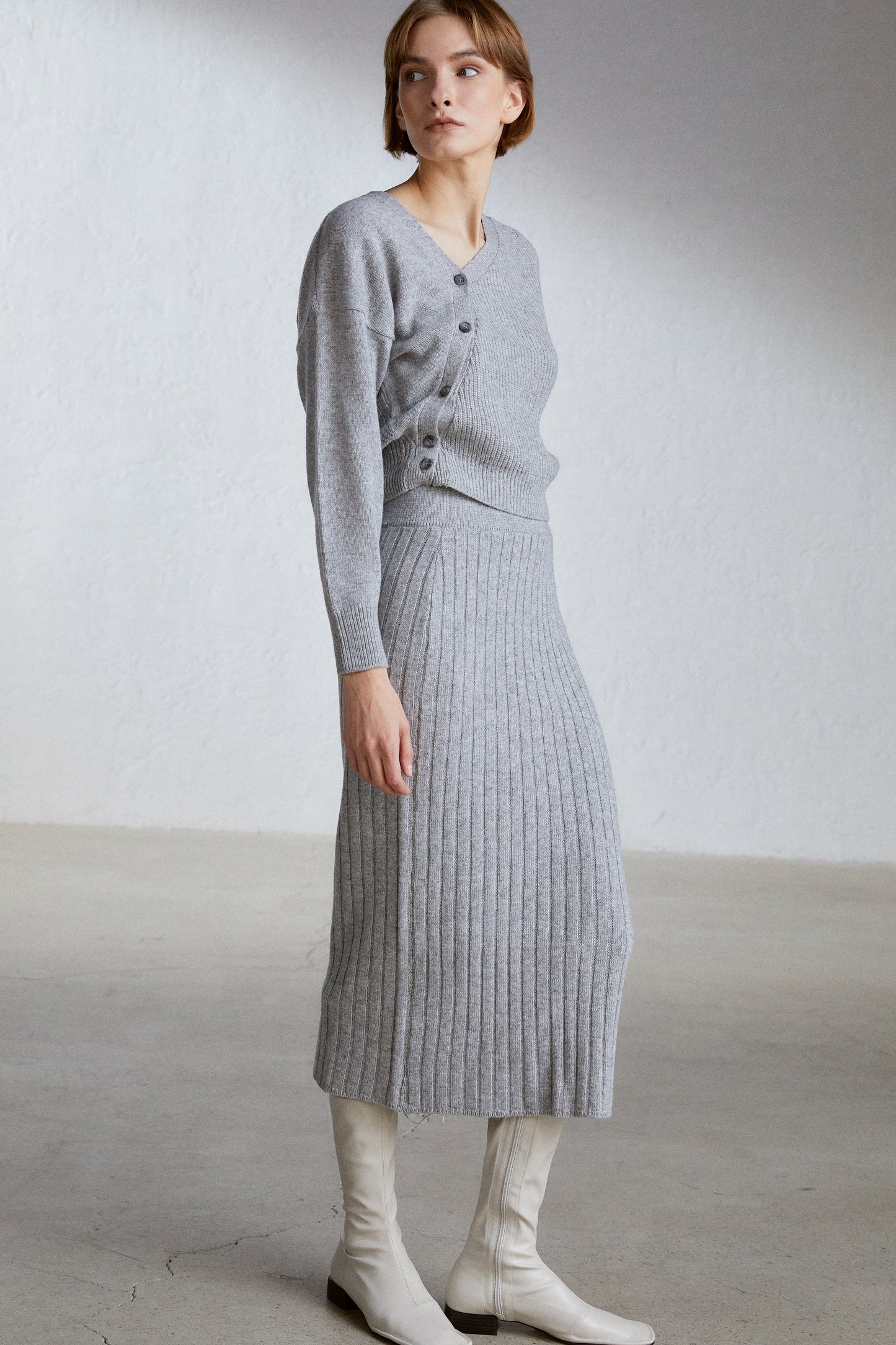 Tilted Button Cardigan And Midi Knit Skirt Set, Melange Grey