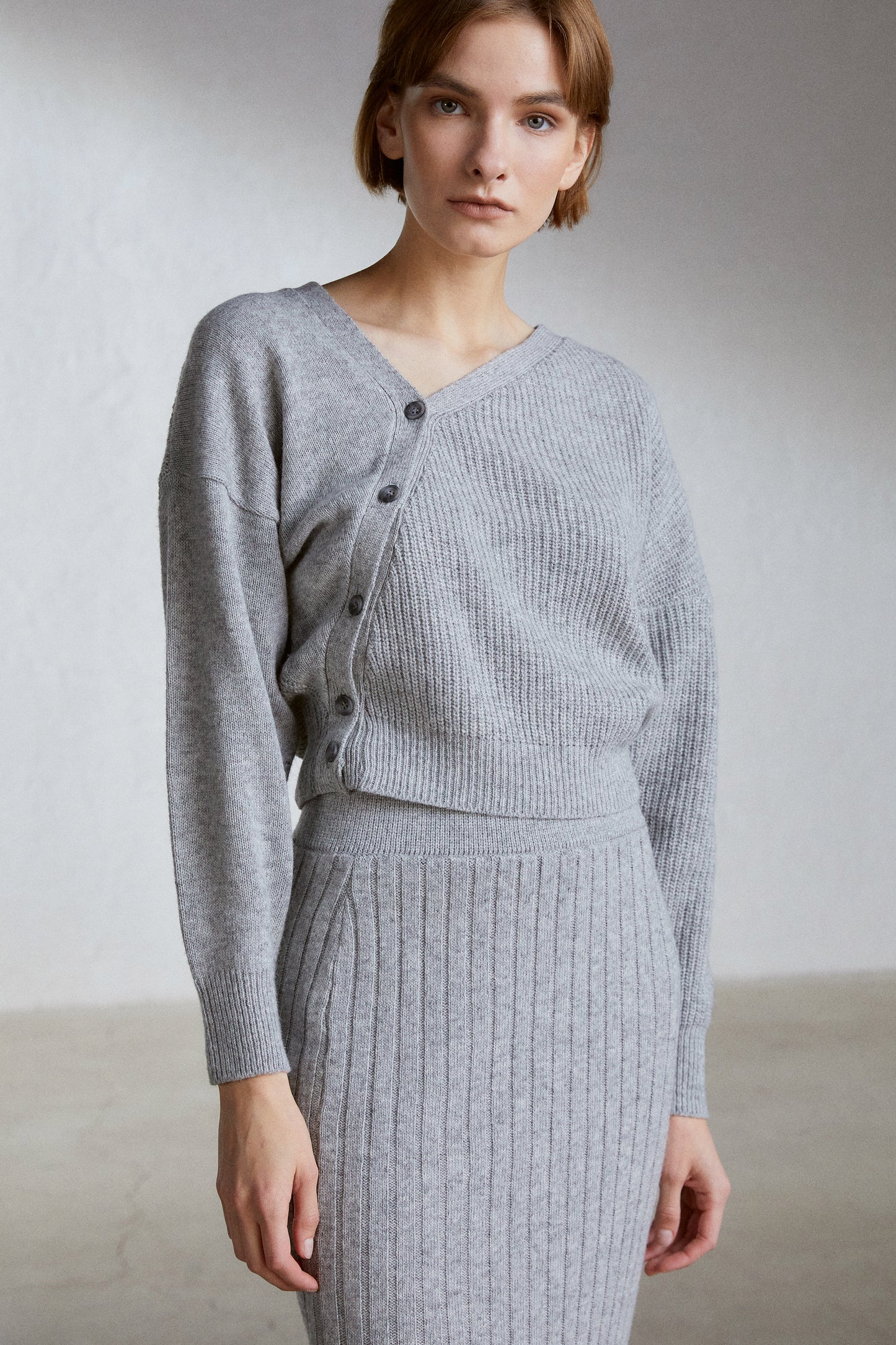 Tilted Button Cardigan And Midi Knit Skirt Set, Melange Grey