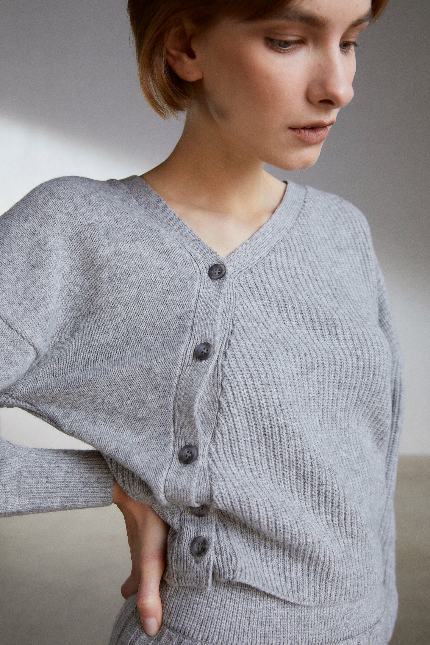 Tilted Button Cardigan And Midi Knit Skirt Set, Melange Grey