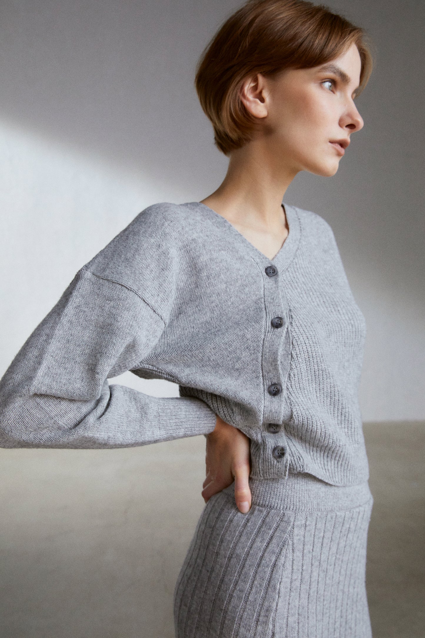 Tilted Button Cardigan And Midi Knit Skirt Set, Melange Grey