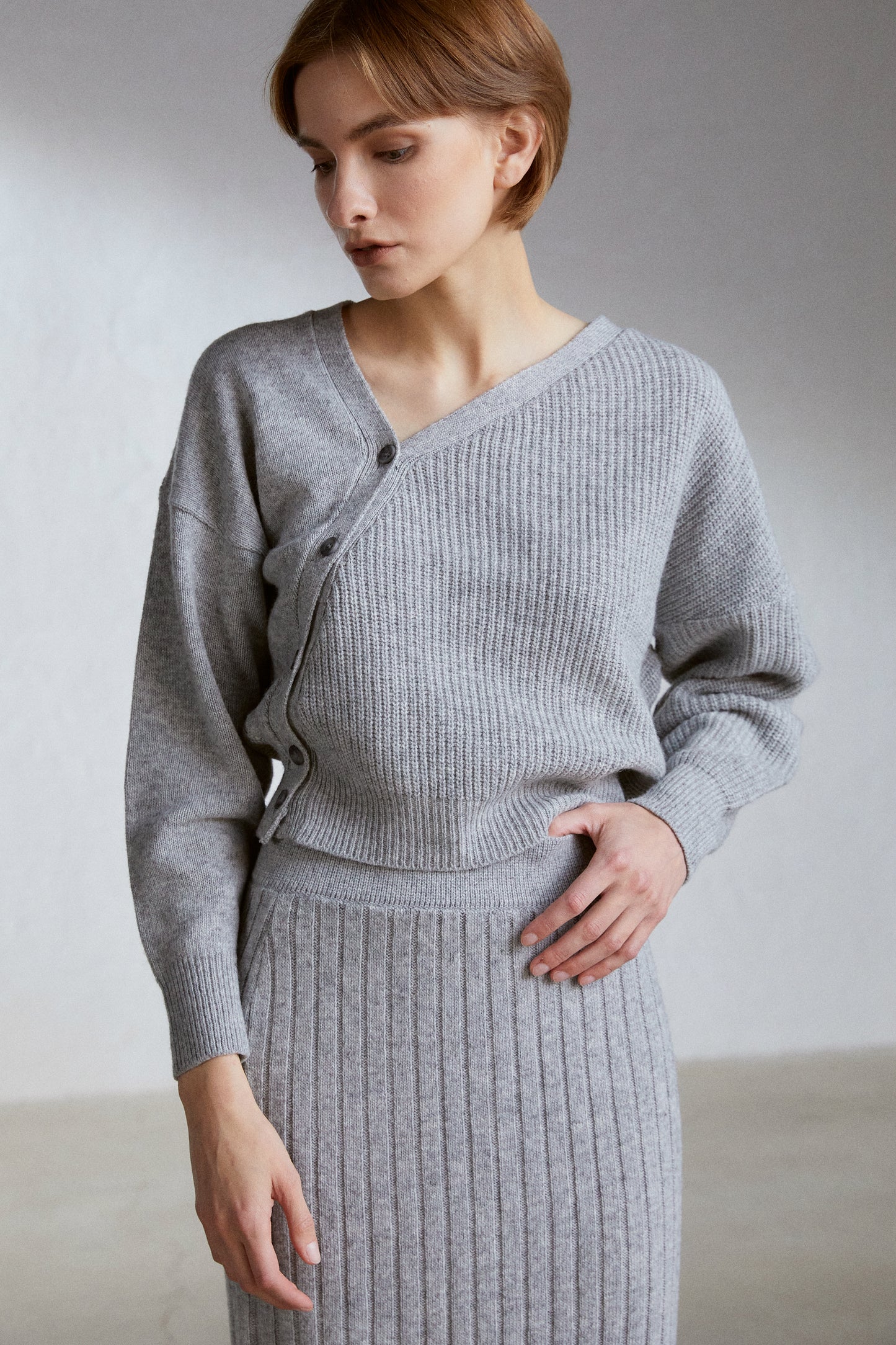 Tilted Button Cardigan And Midi Knit Skirt Set, Melange Grey