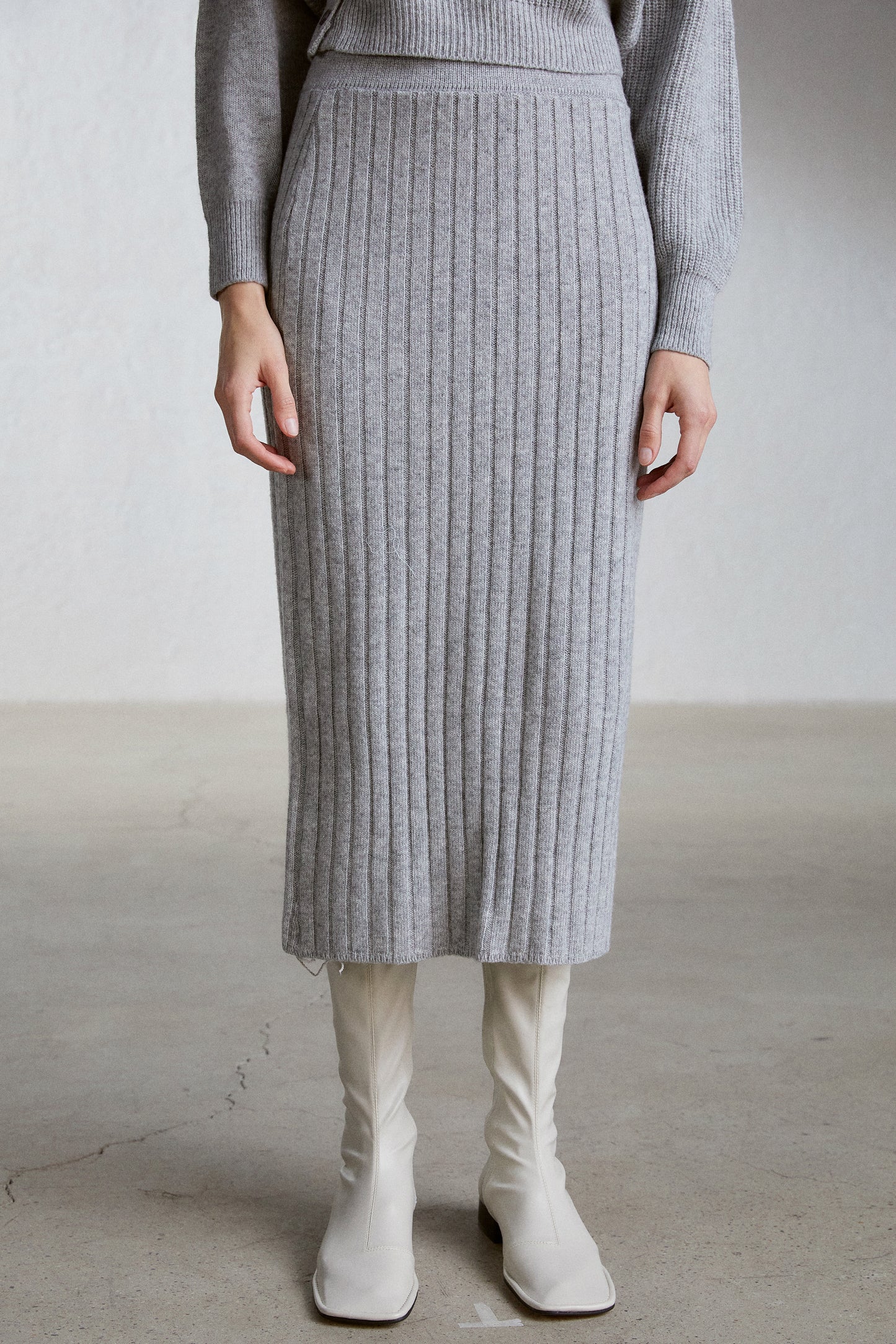 Tilted Button Cardigan And Midi Knit Skirt Set, Melange Grey