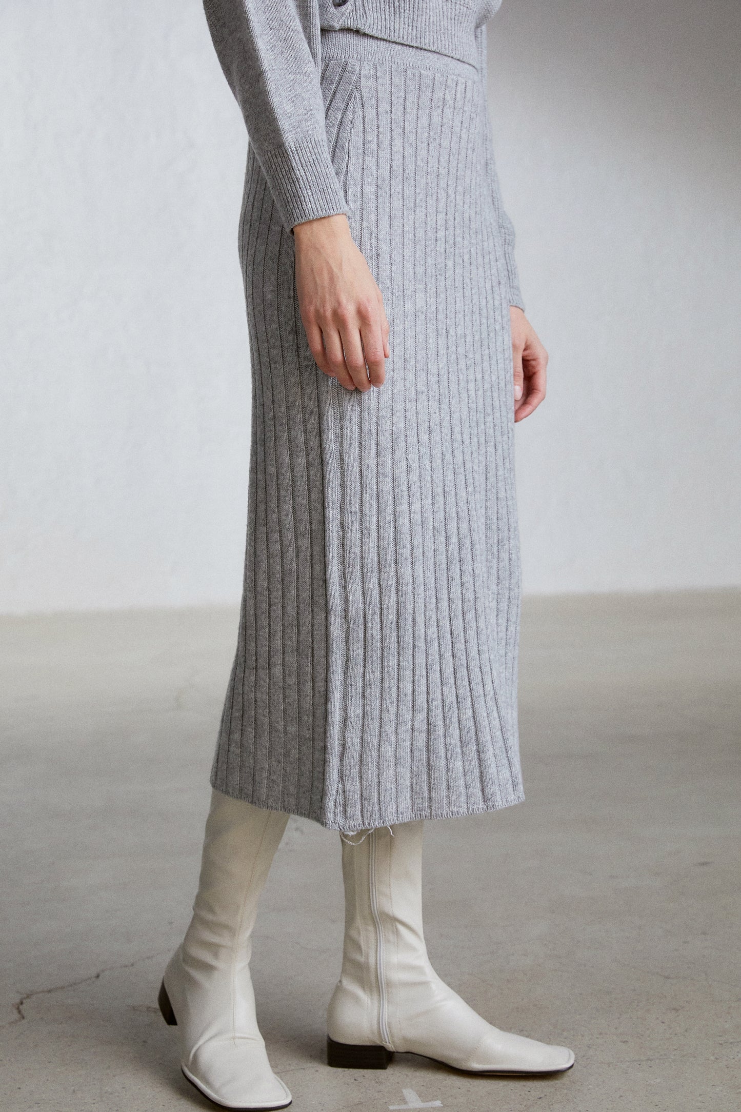 Tilted Button Cardigan And Midi Knit Skirt Set, Melange Grey