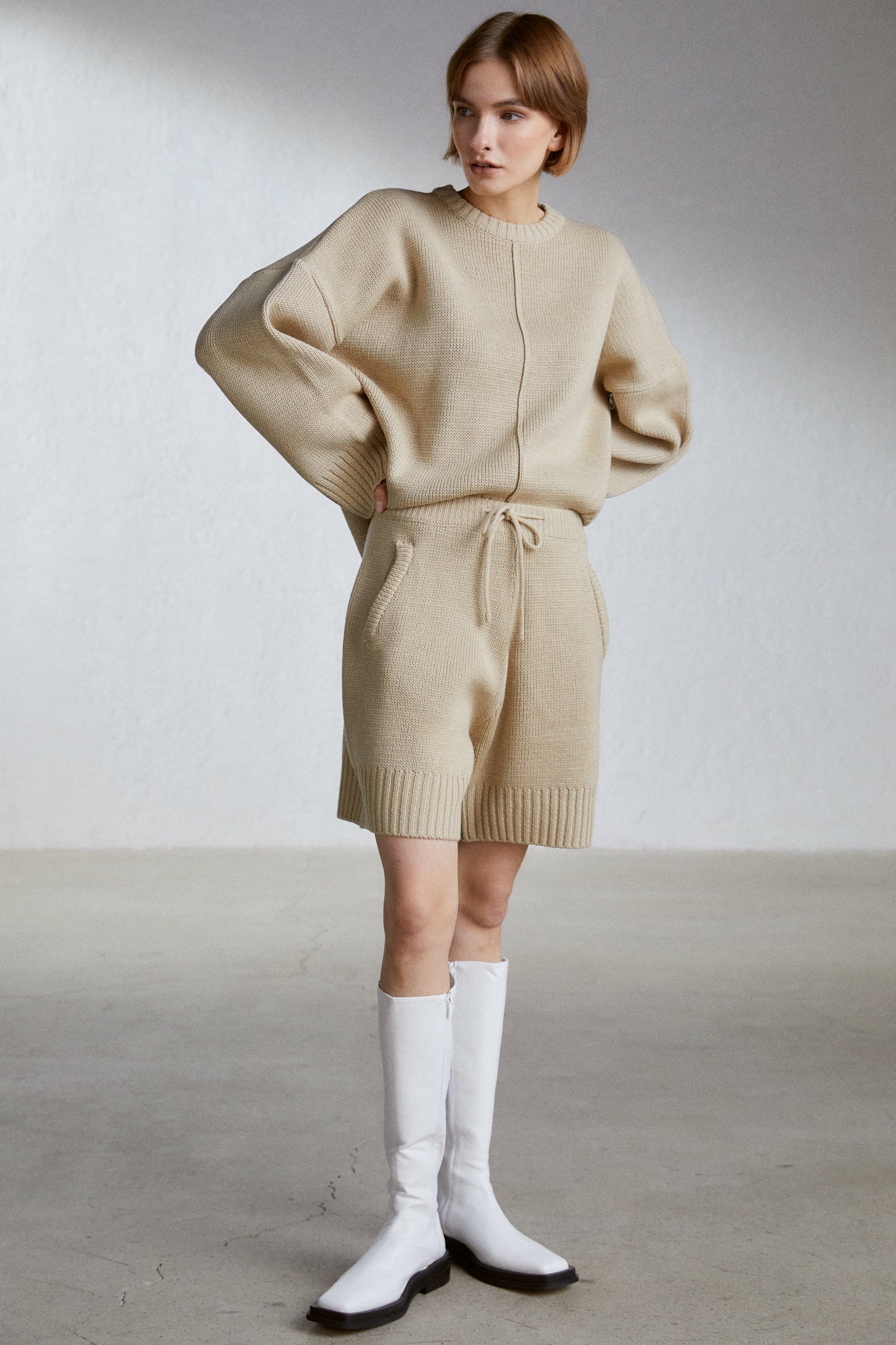 Cozy Sweater And Shorts Set, Beige