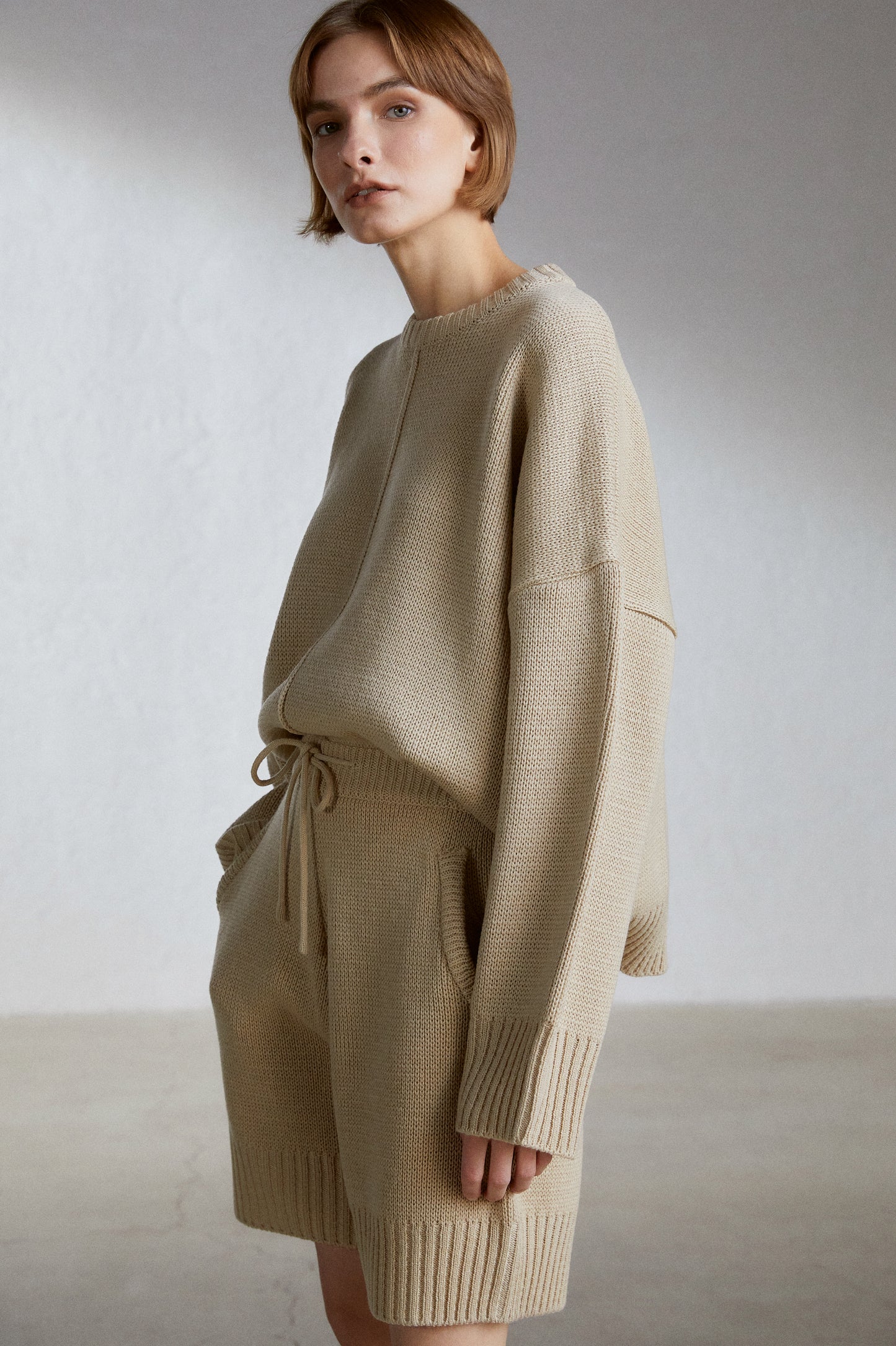 Cozy Sweater And Shorts Set, Beige