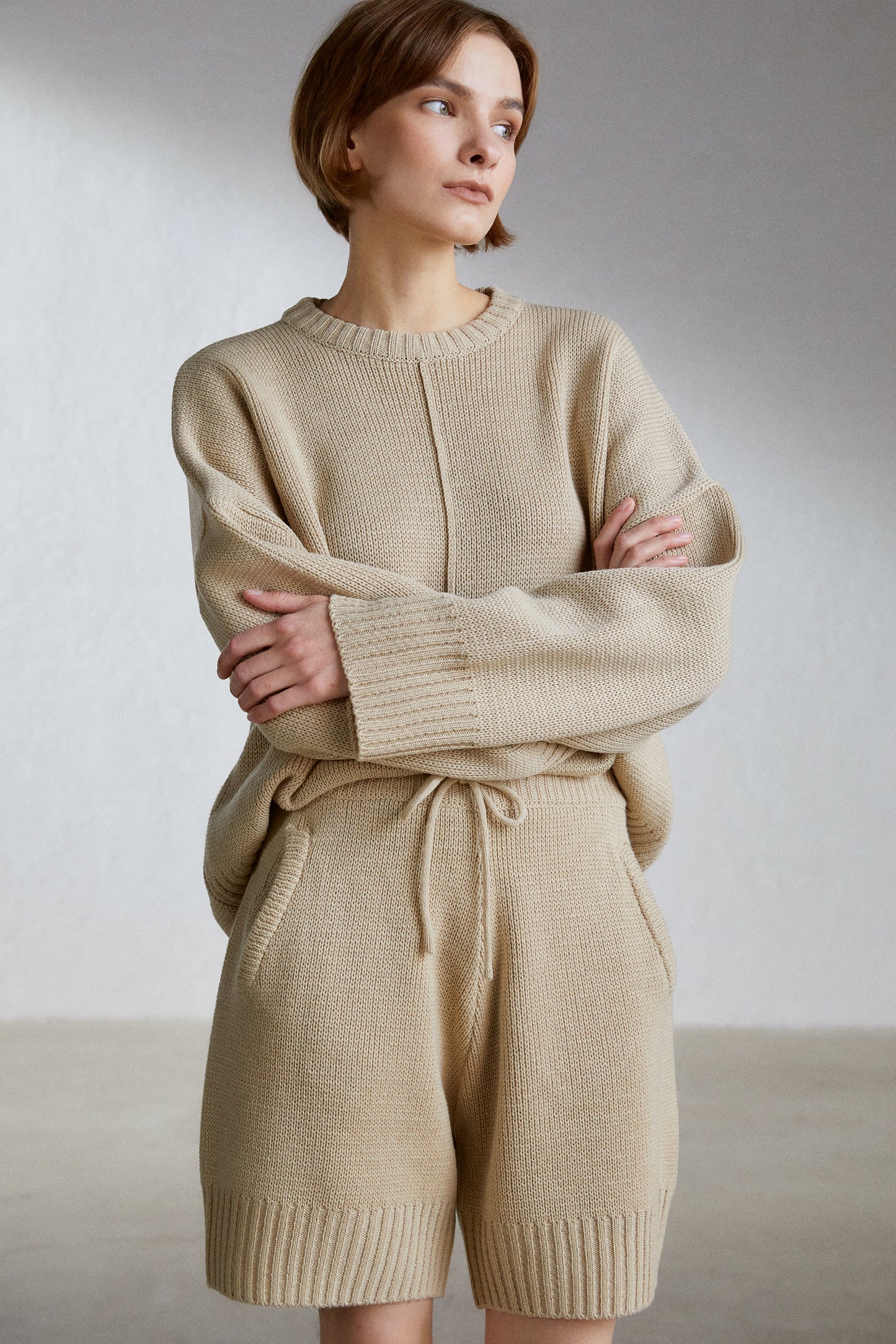Cozy Sweater And Shorts Set, Beige