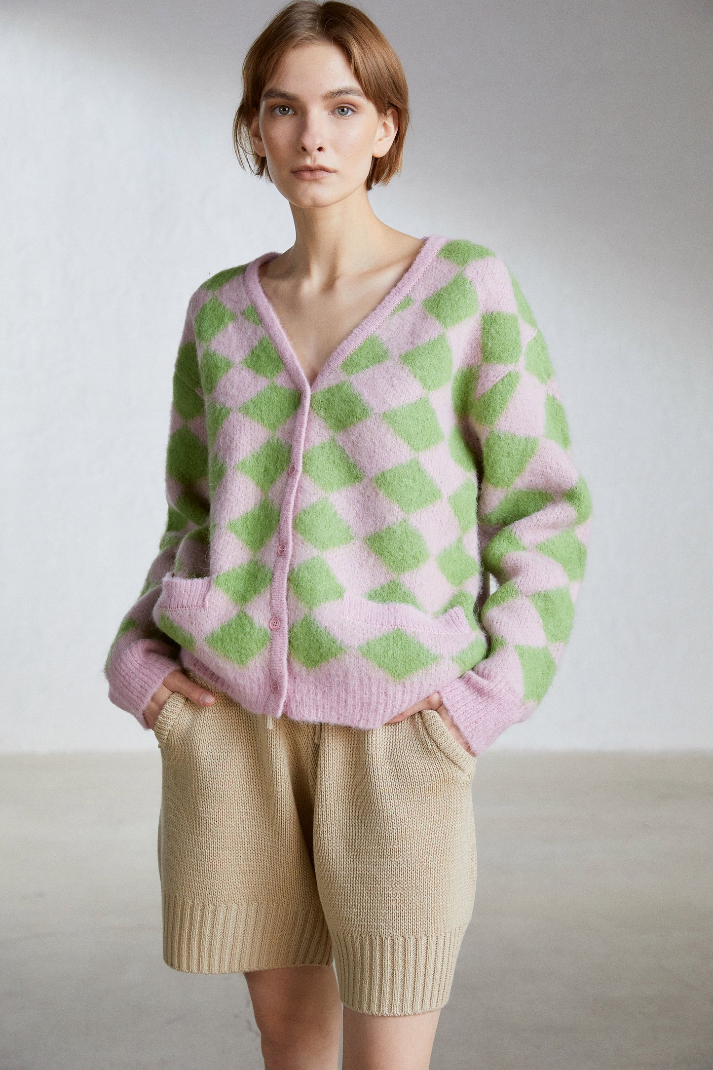 Alpaca-Blend Checker Cardigan, Pink & Green