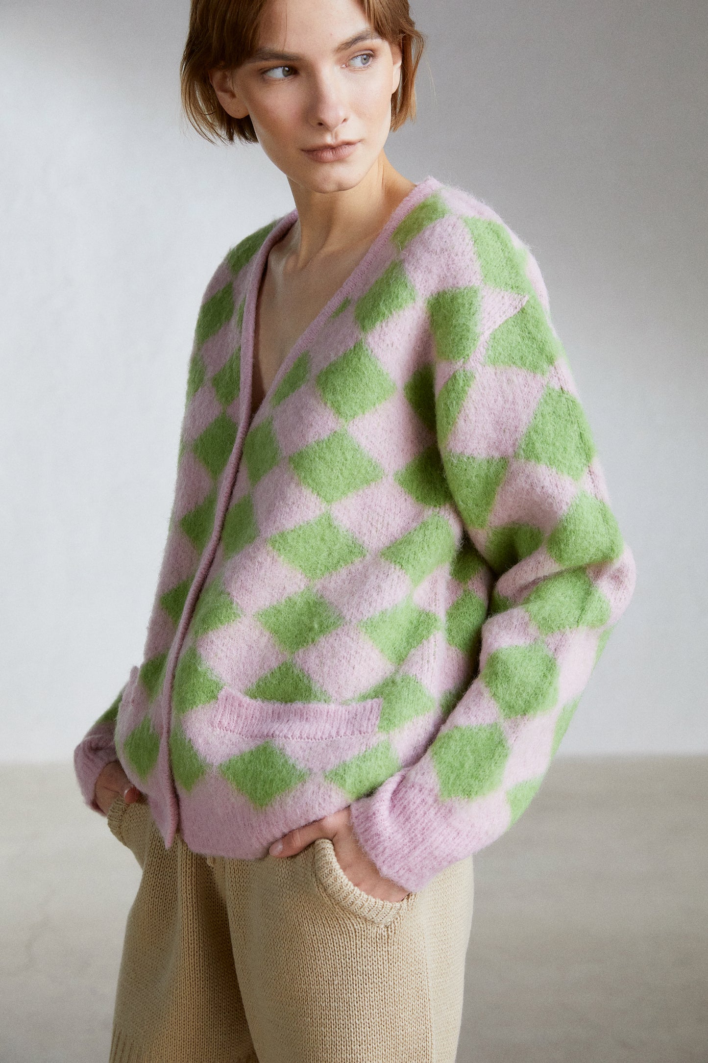 Alpaca-Blend Checker Cardigan, Pink & Green