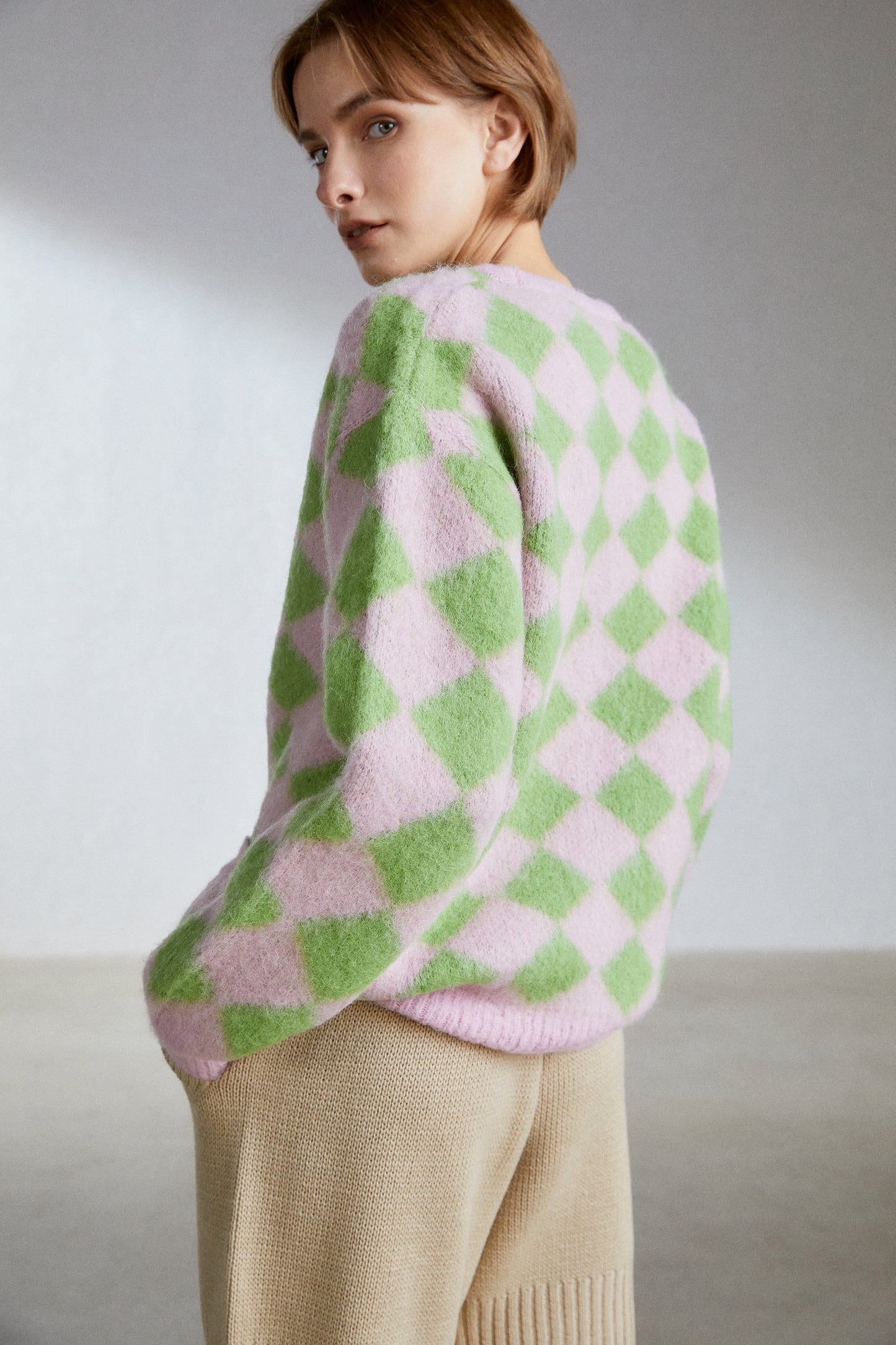 Alpaca-Blend Checker Cardigan, Pink & Green
