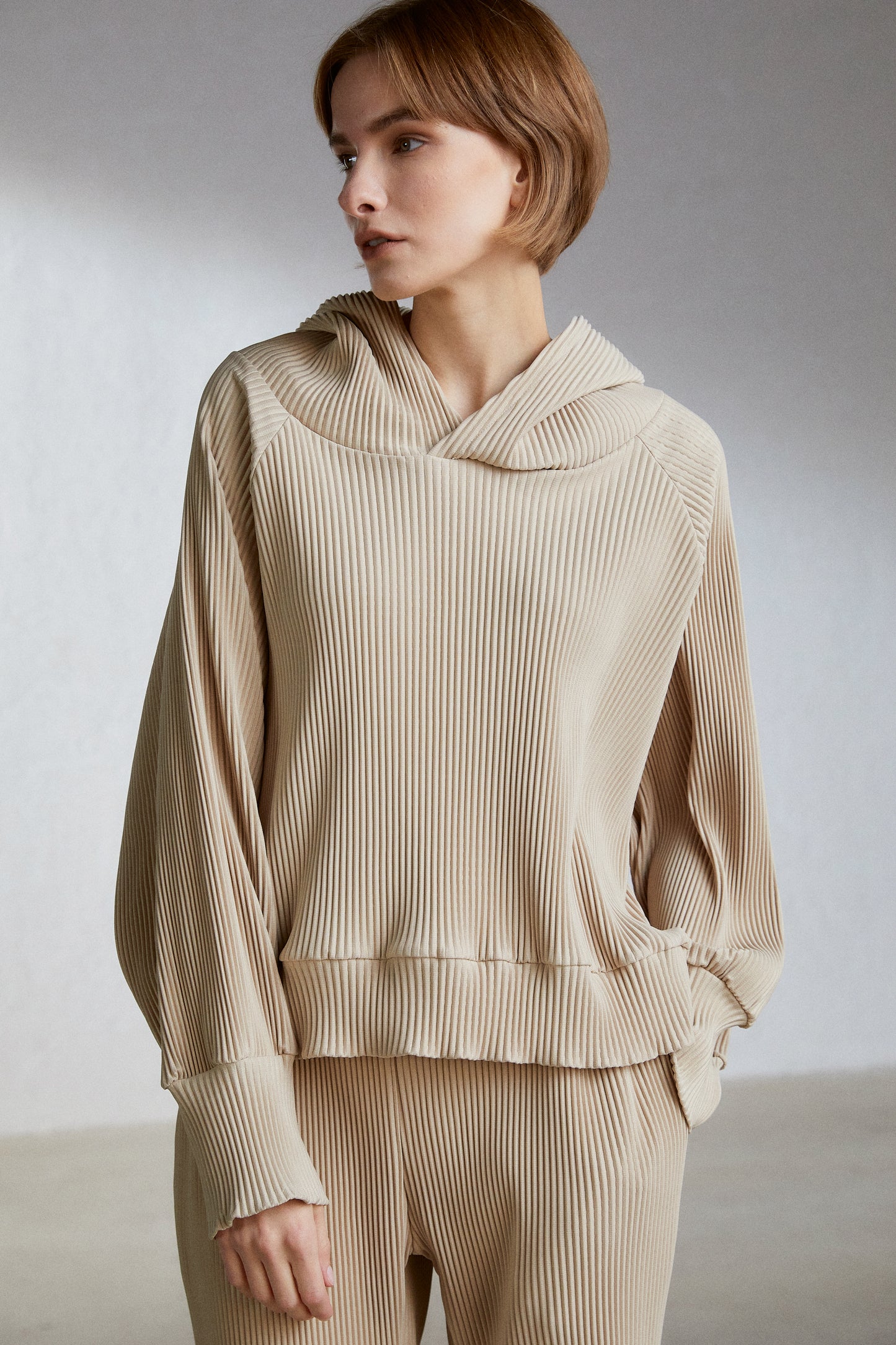Oversize Pleated Hoodie, Camel Beige