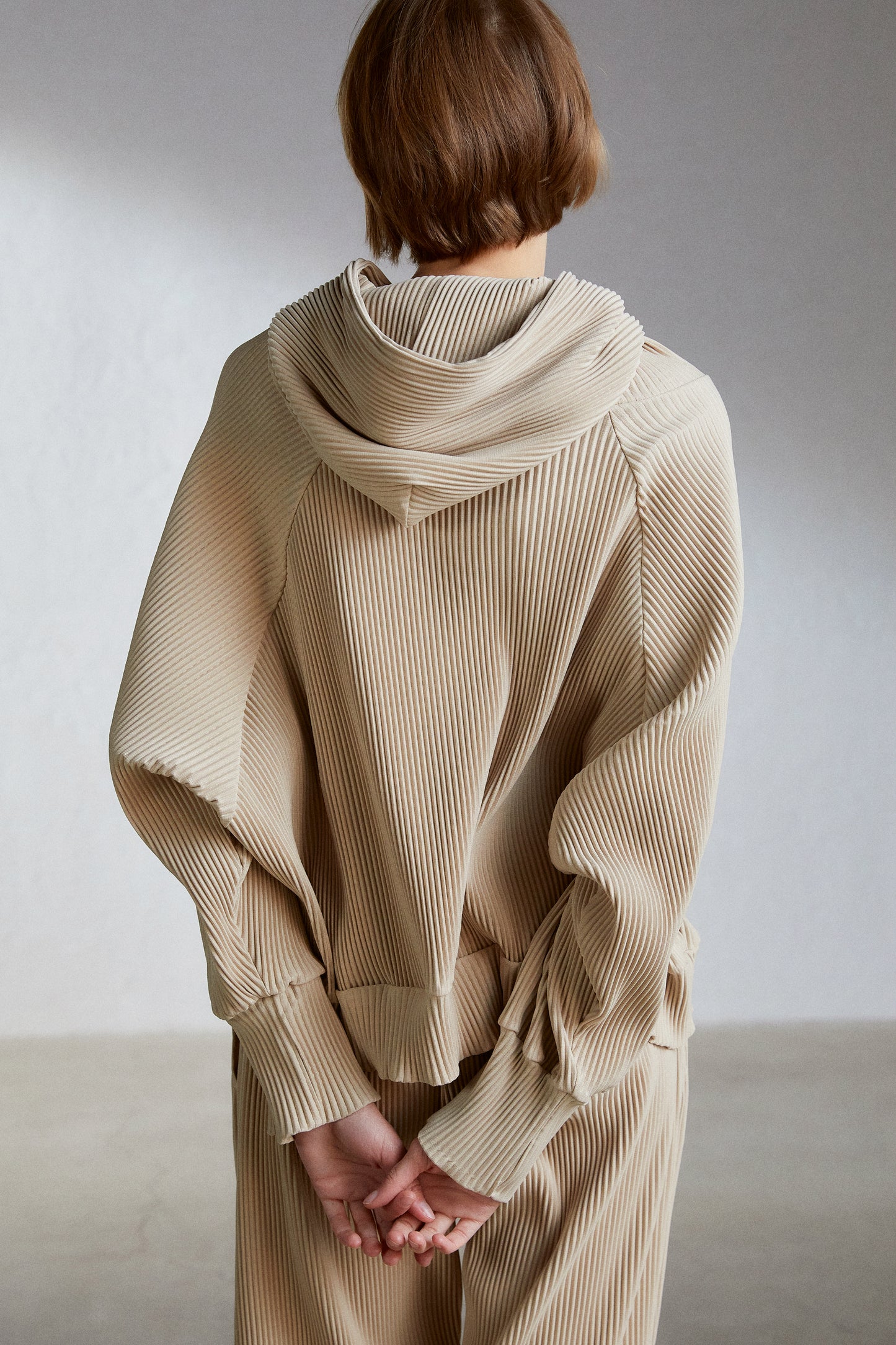 Oversize Pleated Hoodie, Camel Beige