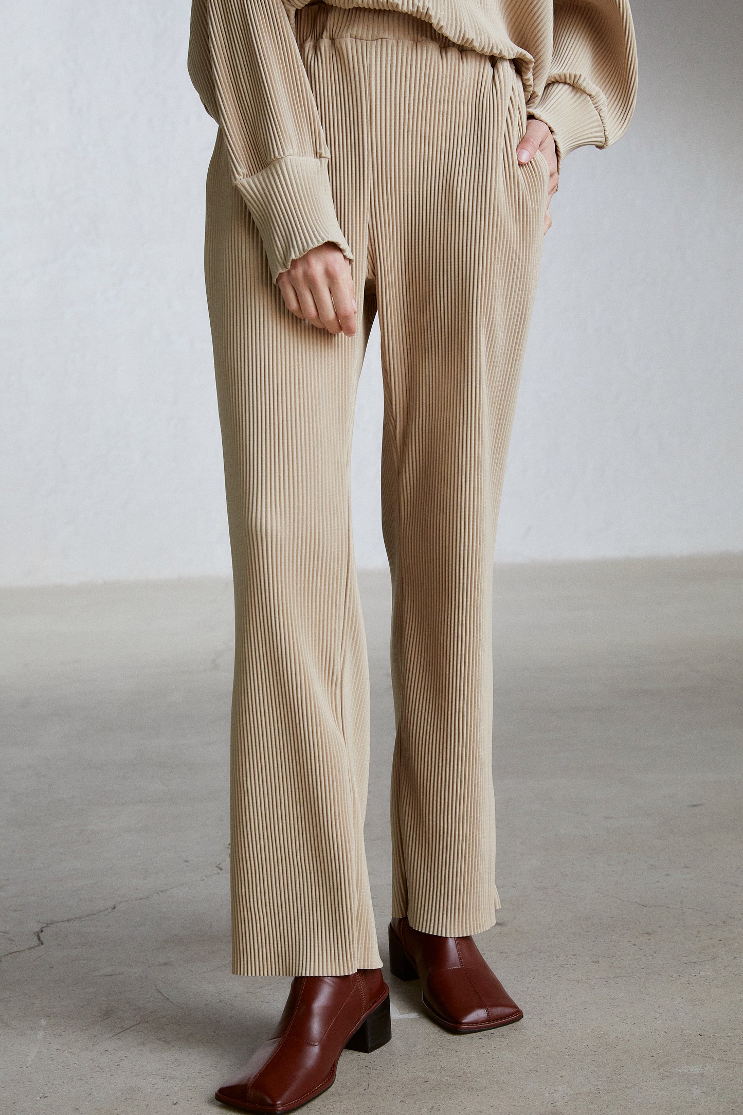 Pleated Flare Sweatpants, Camel Beige