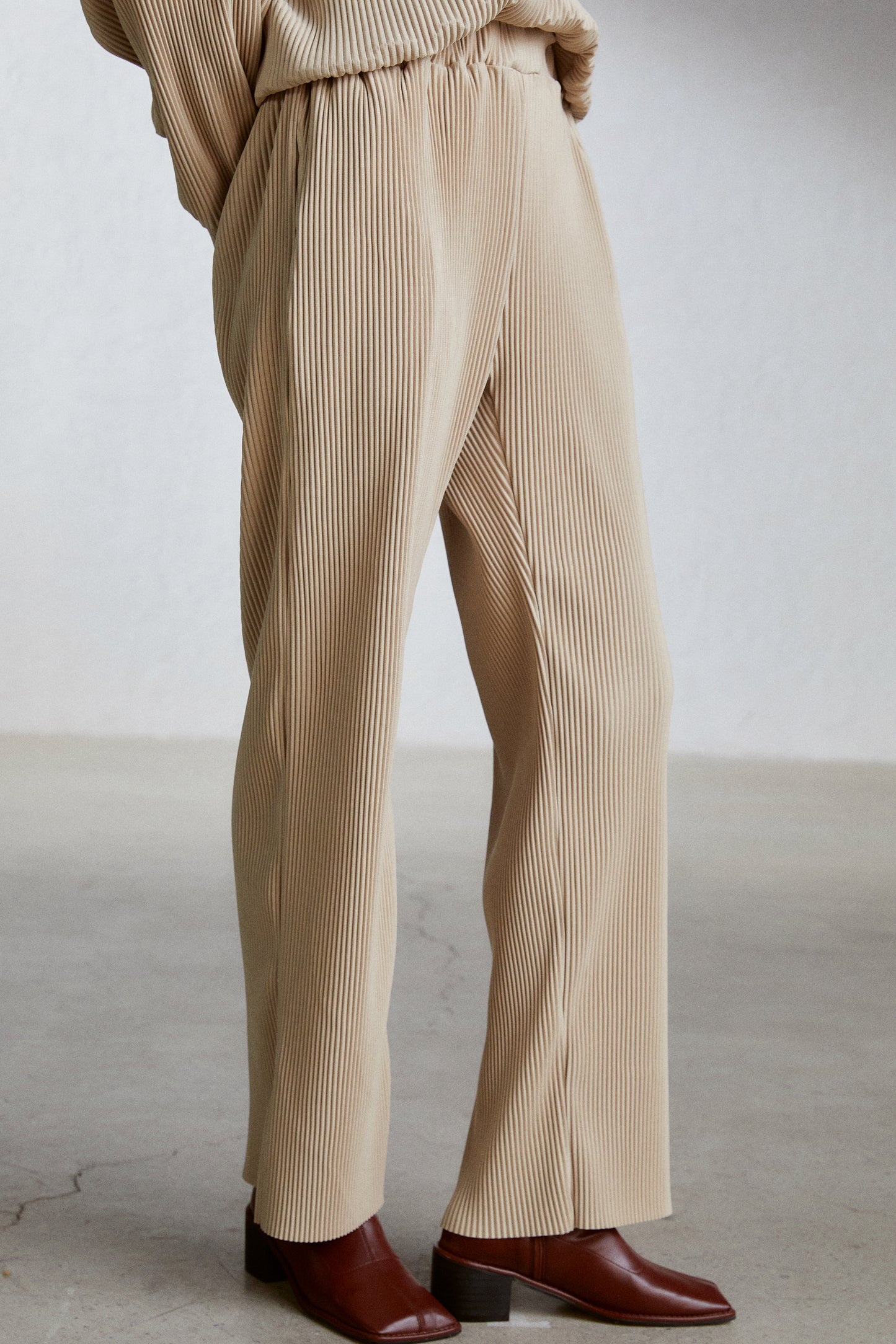Pleated Flare Sweatpants, Camel Beige