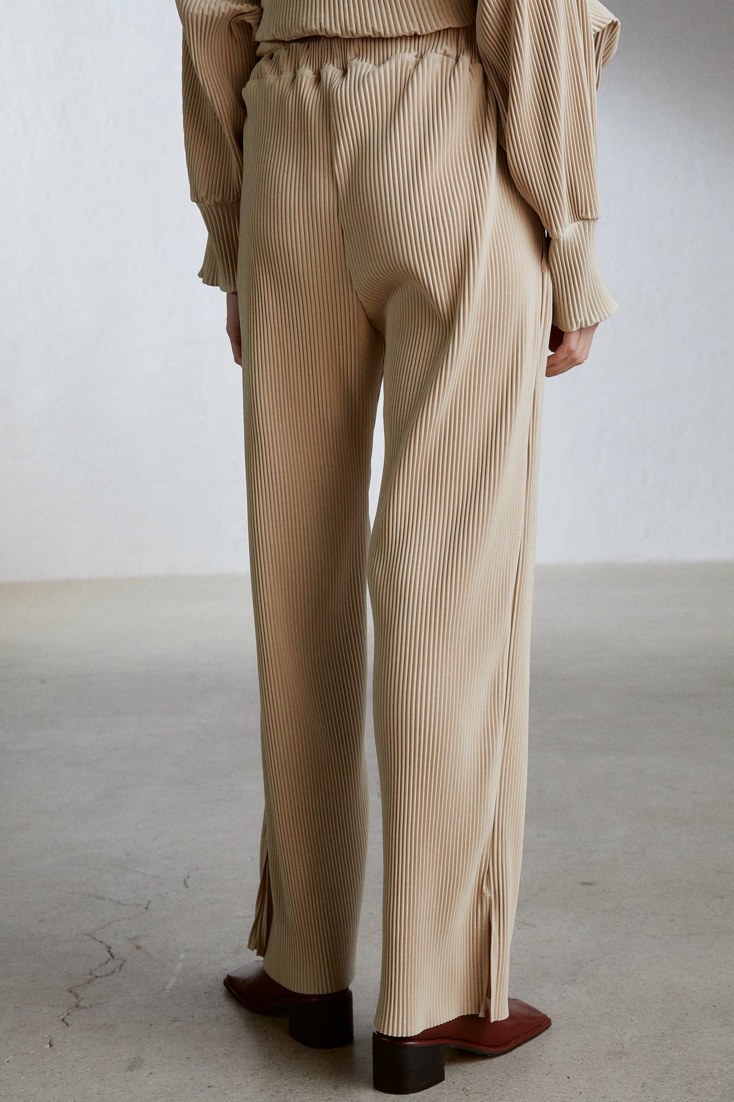 Pleated Flare Sweatpants, Camel Beige
