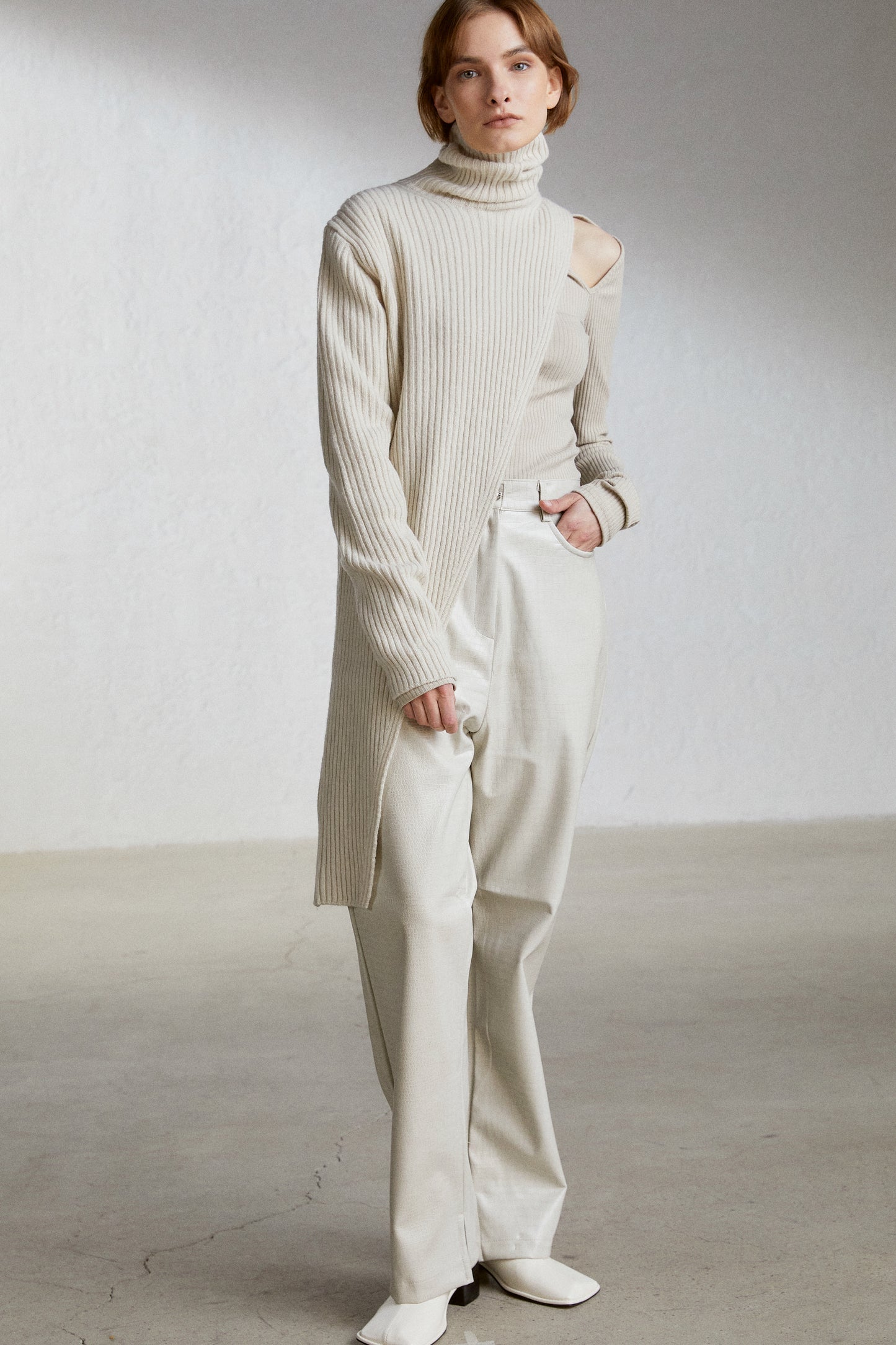 One-Shoulder Sleeve Extra Fine Wool Knit, Ivory