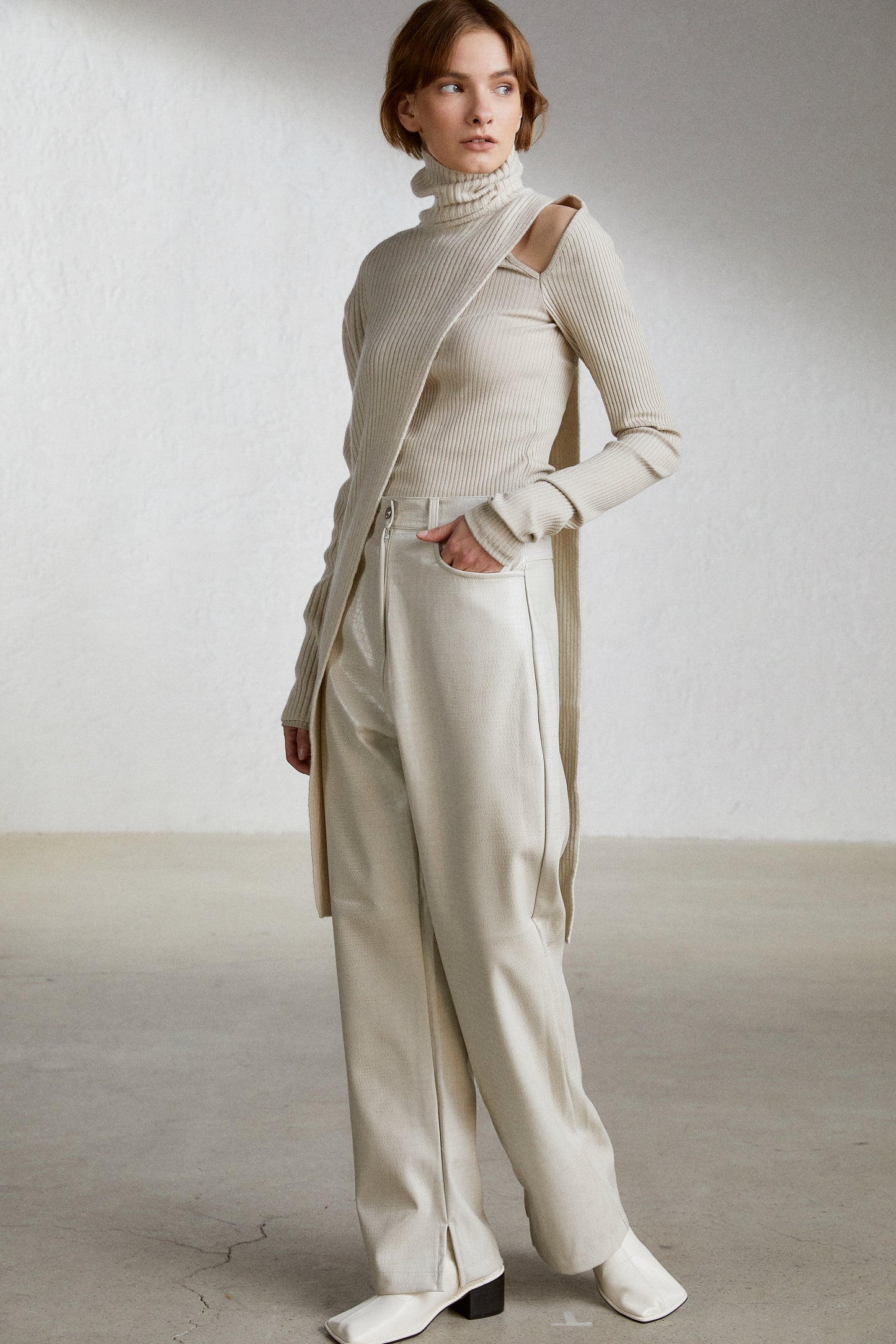 One-Shoulder Sleeve Extra Fine Wool Knit, Ivory