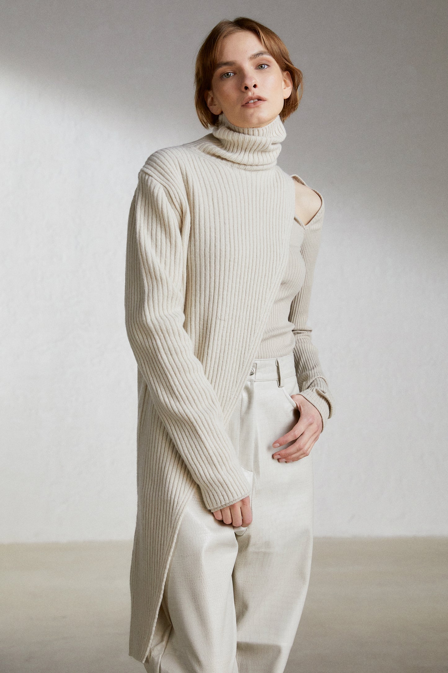 One-Shoulder Sleeve Extra Fine Wool Knit, Ivory