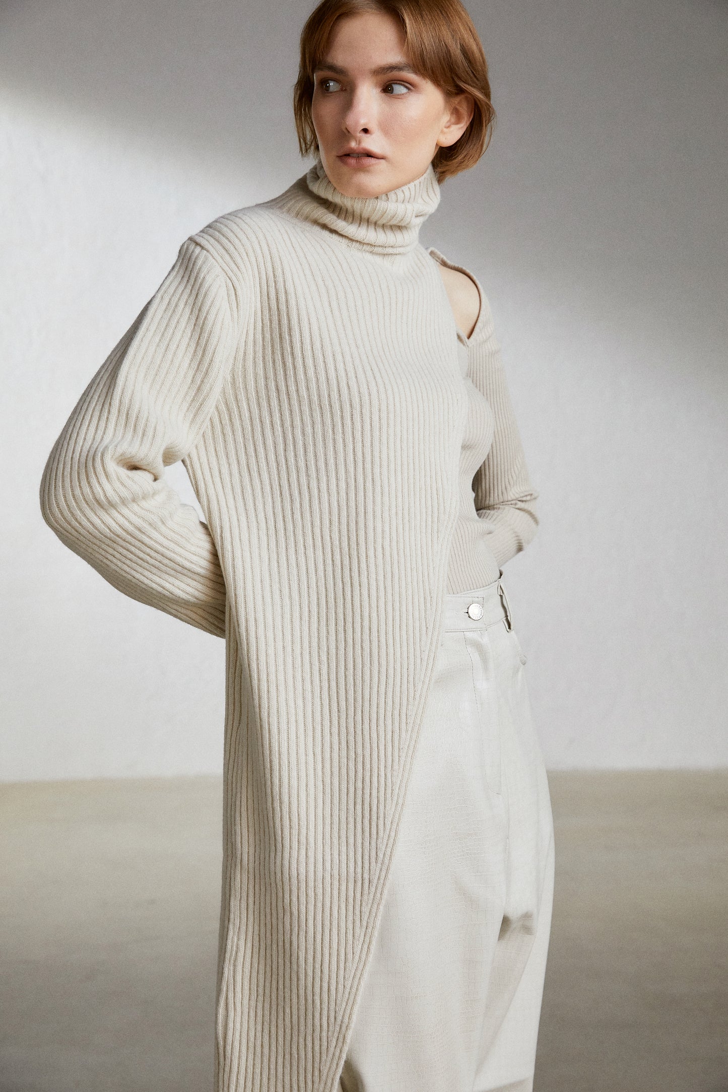 One-Shoulder Sleeve Extra Fine Wool Knit, Ivory