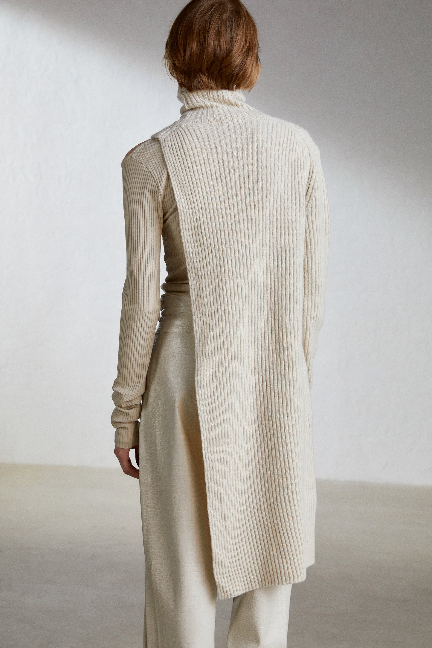 One-Shoulder Sleeve Extra Fine Wool Knit, Ivory