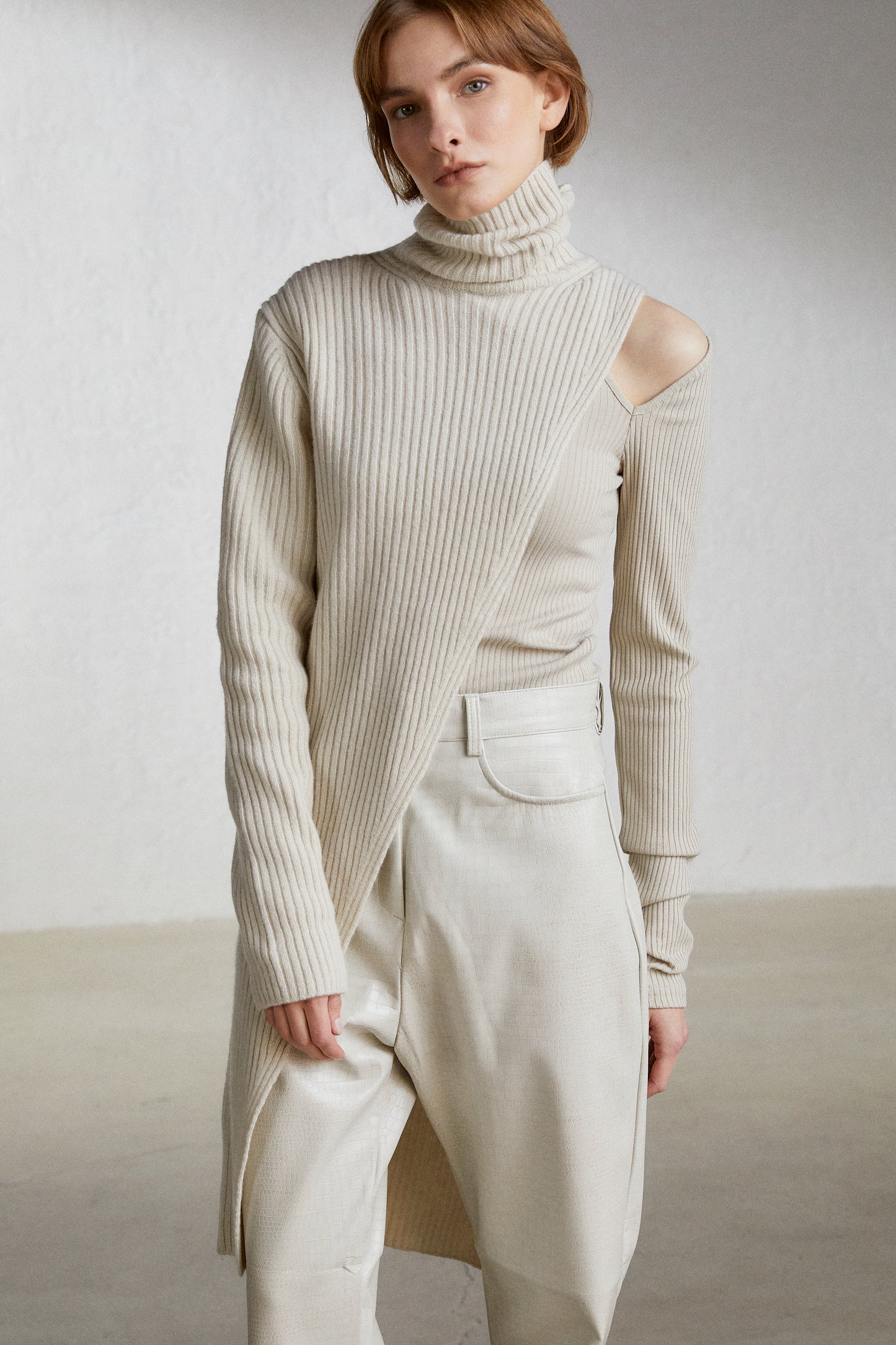 One-Shoulder Sleeve Extra Fine Wool Knit, Ivory