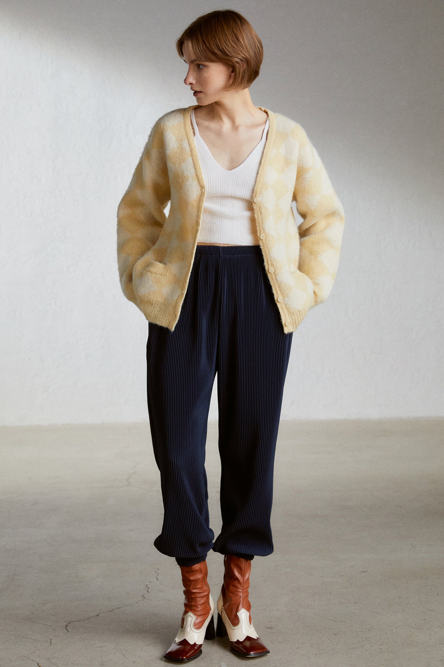 Alpaca-Blend Checker Cardigan, Yellow & Ivory