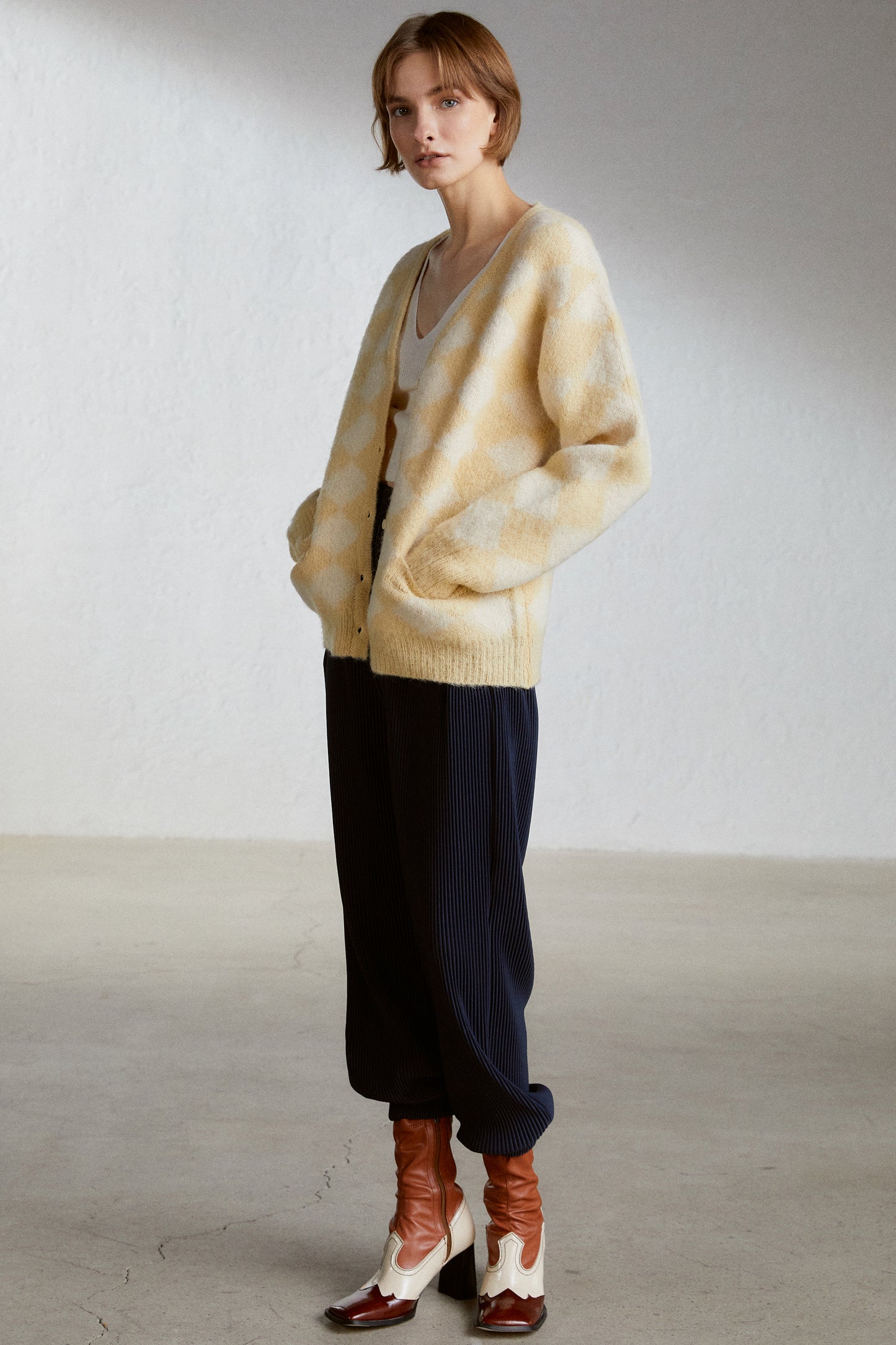 Alpaca-Blend Checker Cardigan, Yellow & Ivory