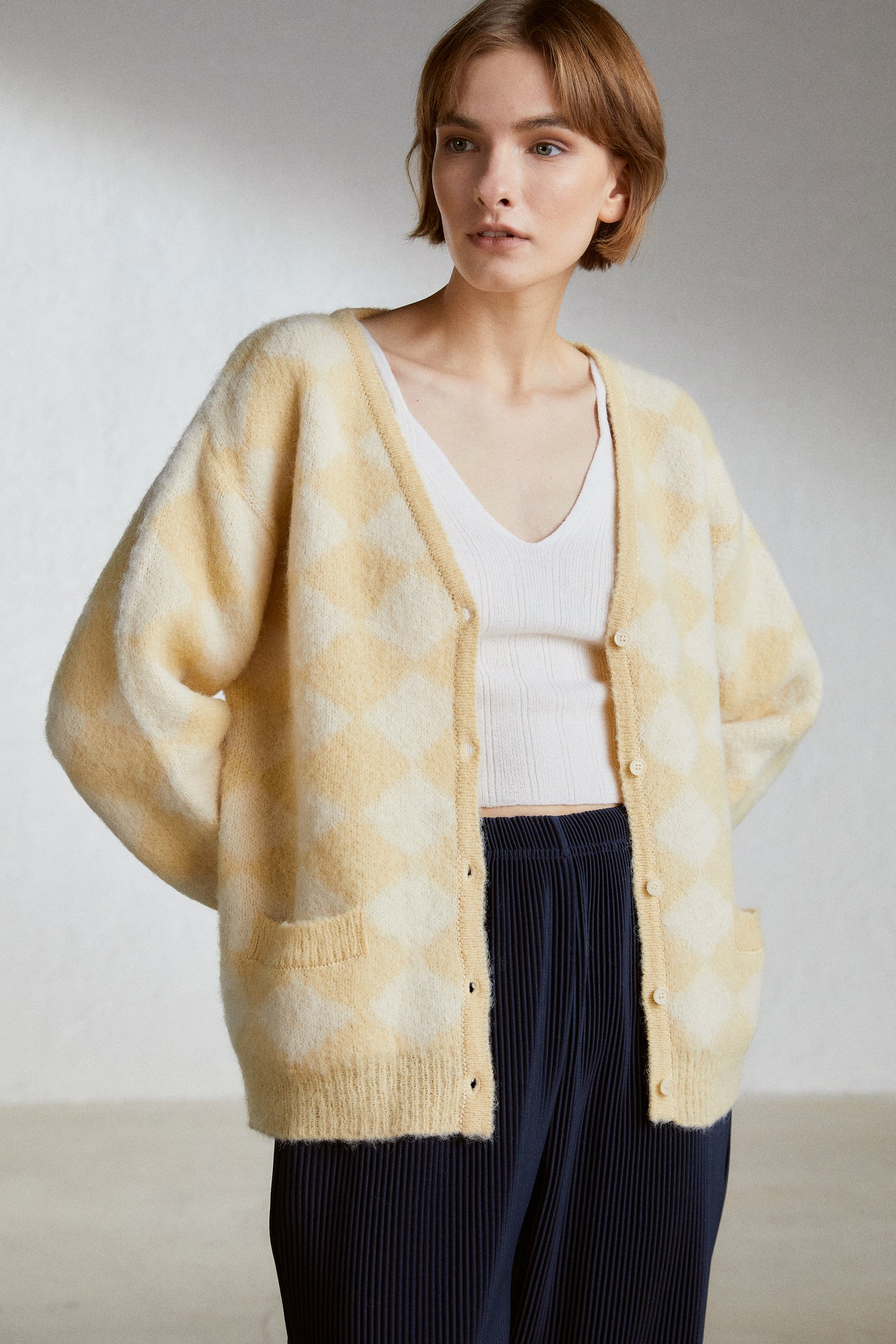 Alpaca-Blend Checker Cardigan, Yellow & Ivory