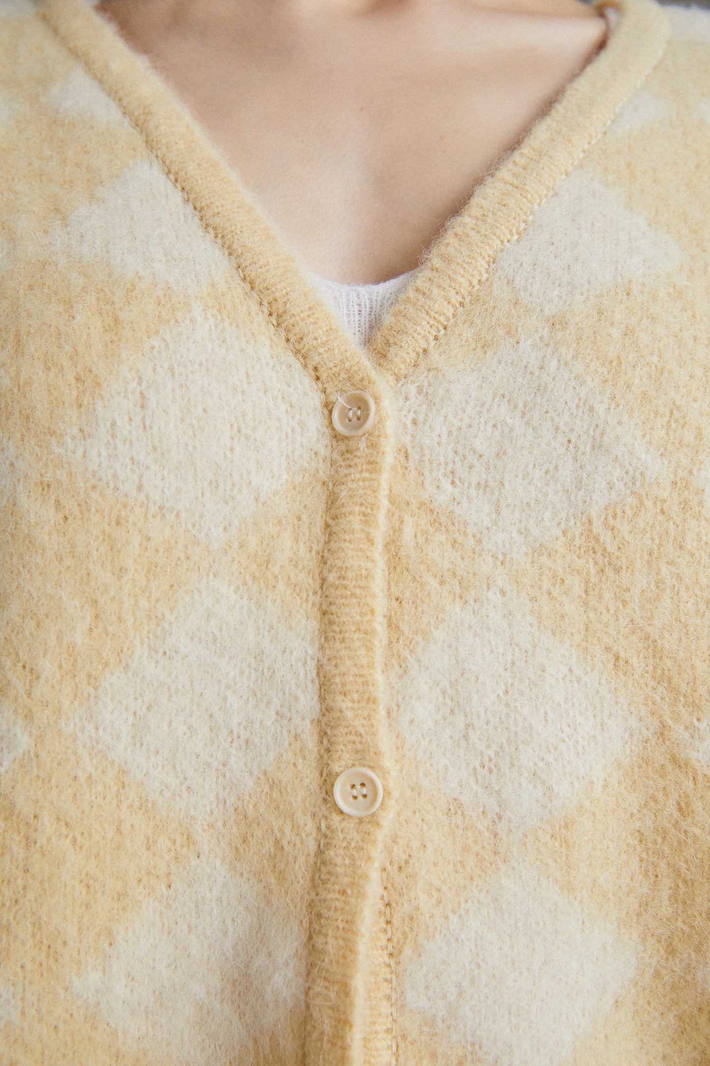 Alpaca-Blend Checker Cardigan, Yellow & Ivory